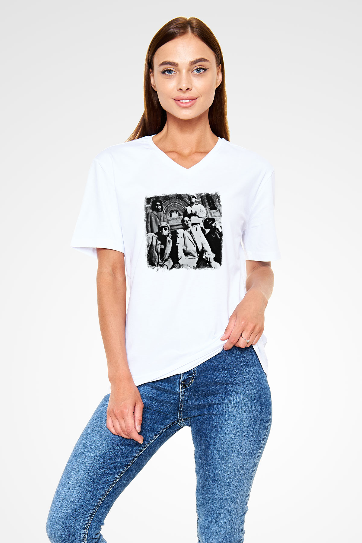Fishbone Baskılı Unisex Beyaz V Yaka Tişört