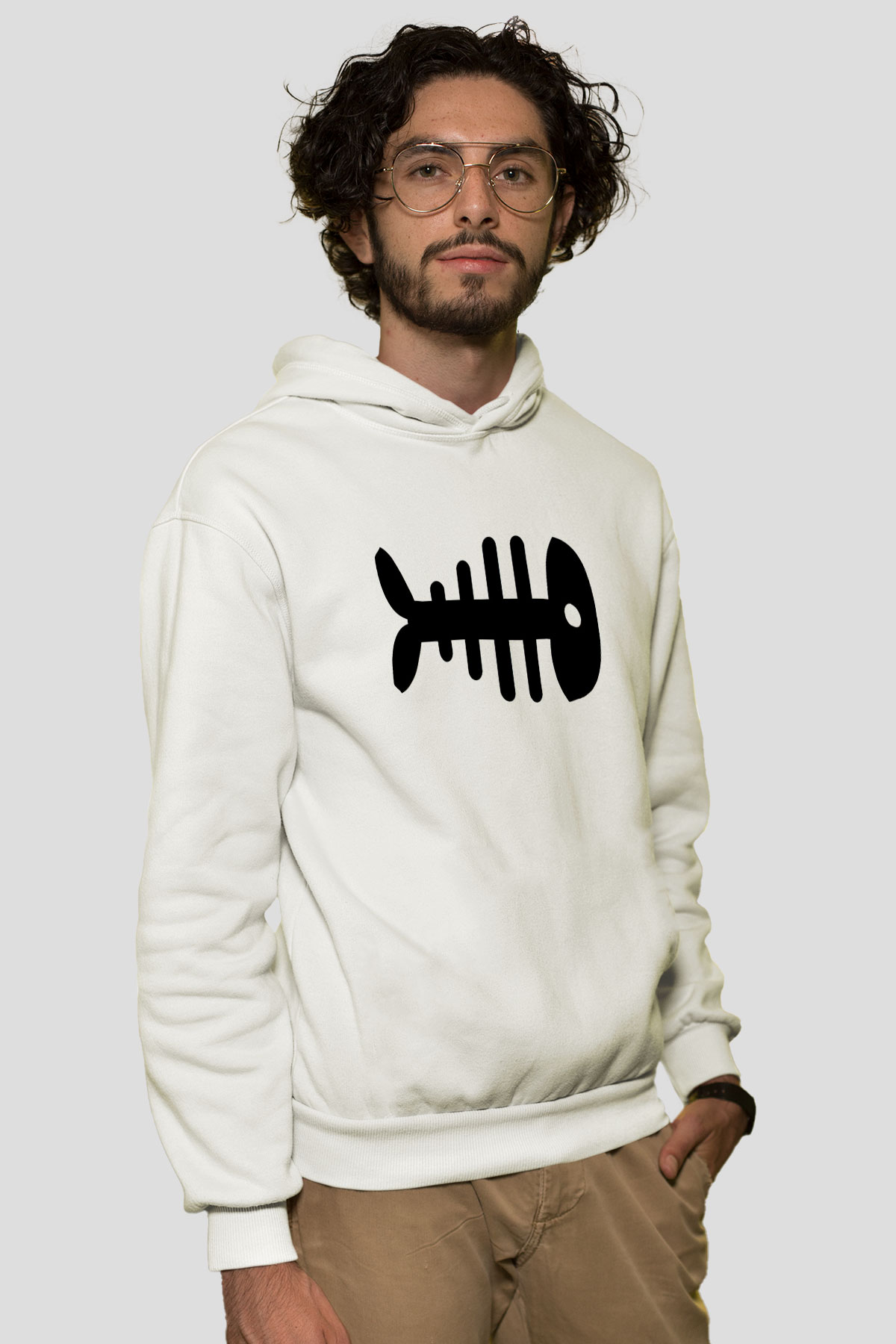Fishbone Beyaz Unisex Kapüşonlu Sweatshirt