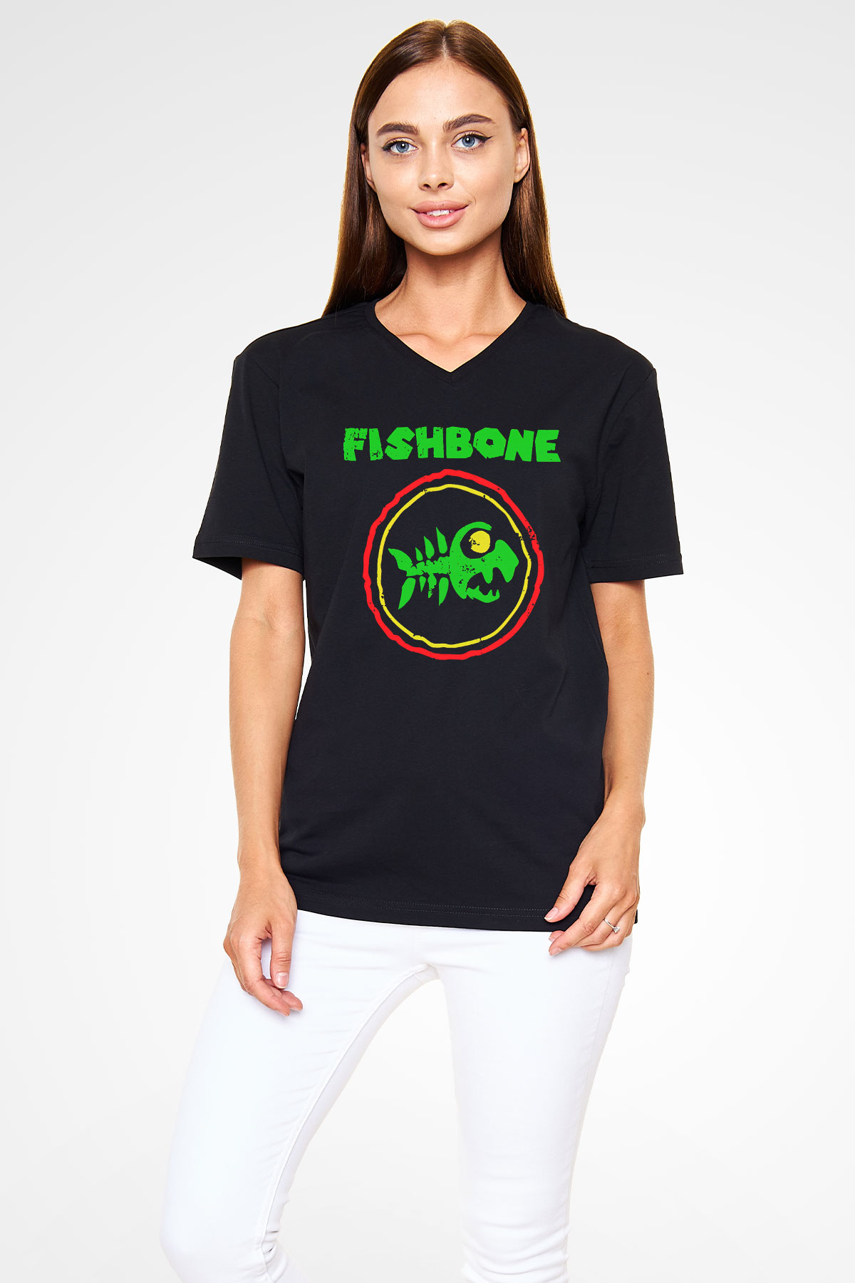 Fishbone Siyah Unisex V Yaka Tişört T-Shirt