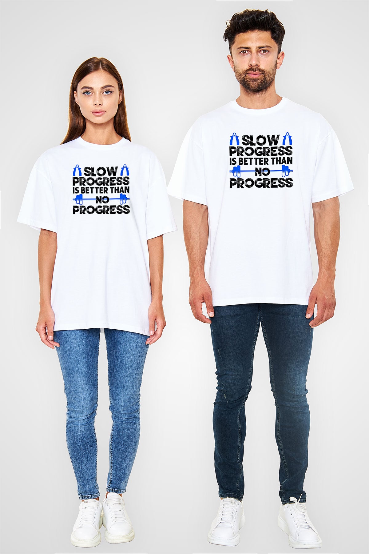 Fitness Baskılı Unisex Beyaz Oversize Tişört - Tshirt
