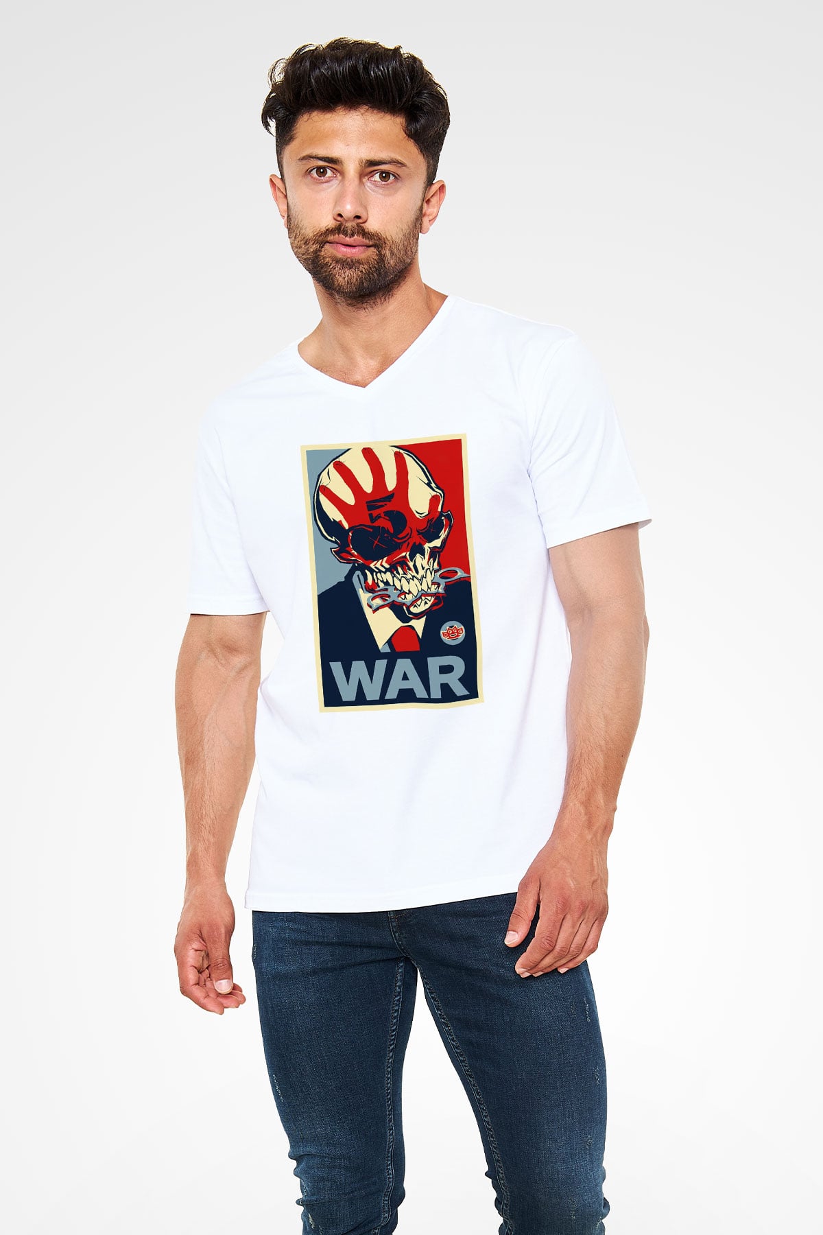Five Finger Death Punch Beyaz Unisex V Yaka Tişört T-Shirt