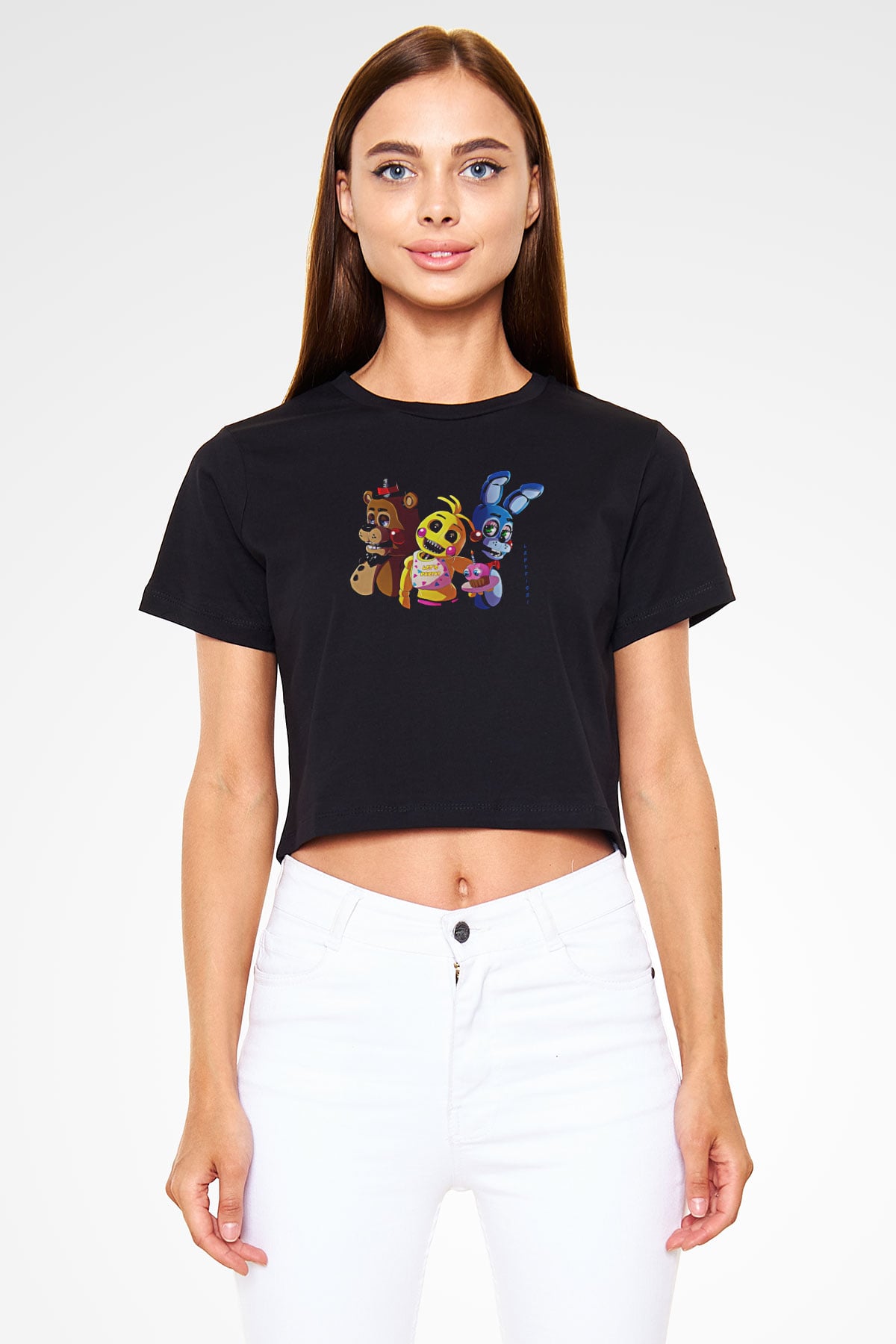 Five Nights At Freddy Baskılı Siyah Crop Top Kadın Tişört - Tshirt