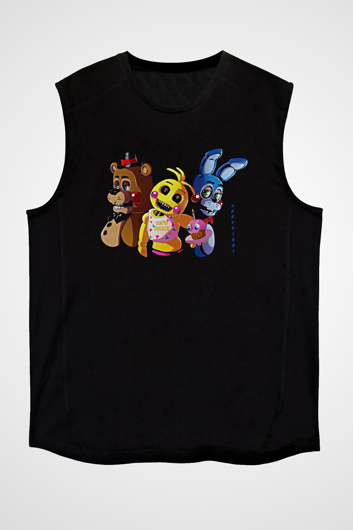 Five Nights At Freddy Baskılı Unisex Siyah Kolsuz Tişört - Tshirt
