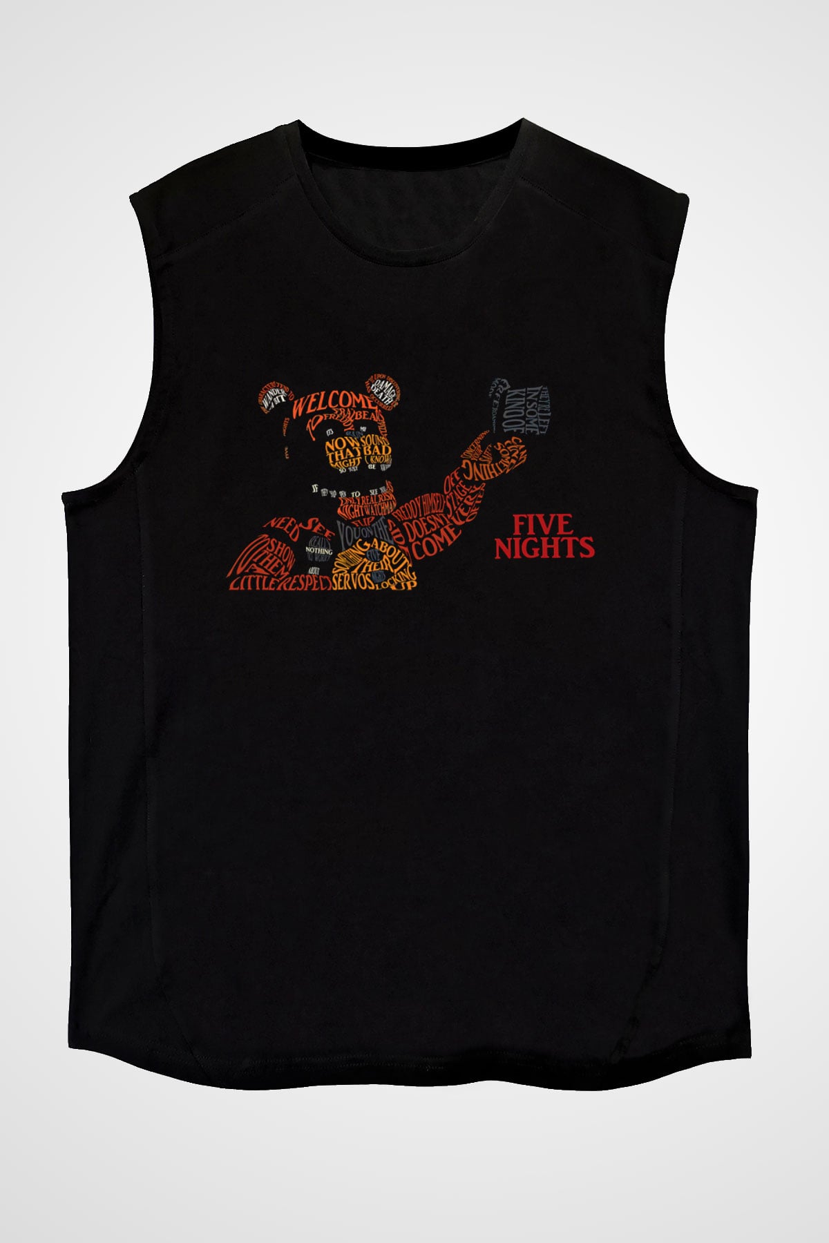 Five Nights At Freddy Baskılı Unisex Siyah Kolsuz Tişört - Tshirt
