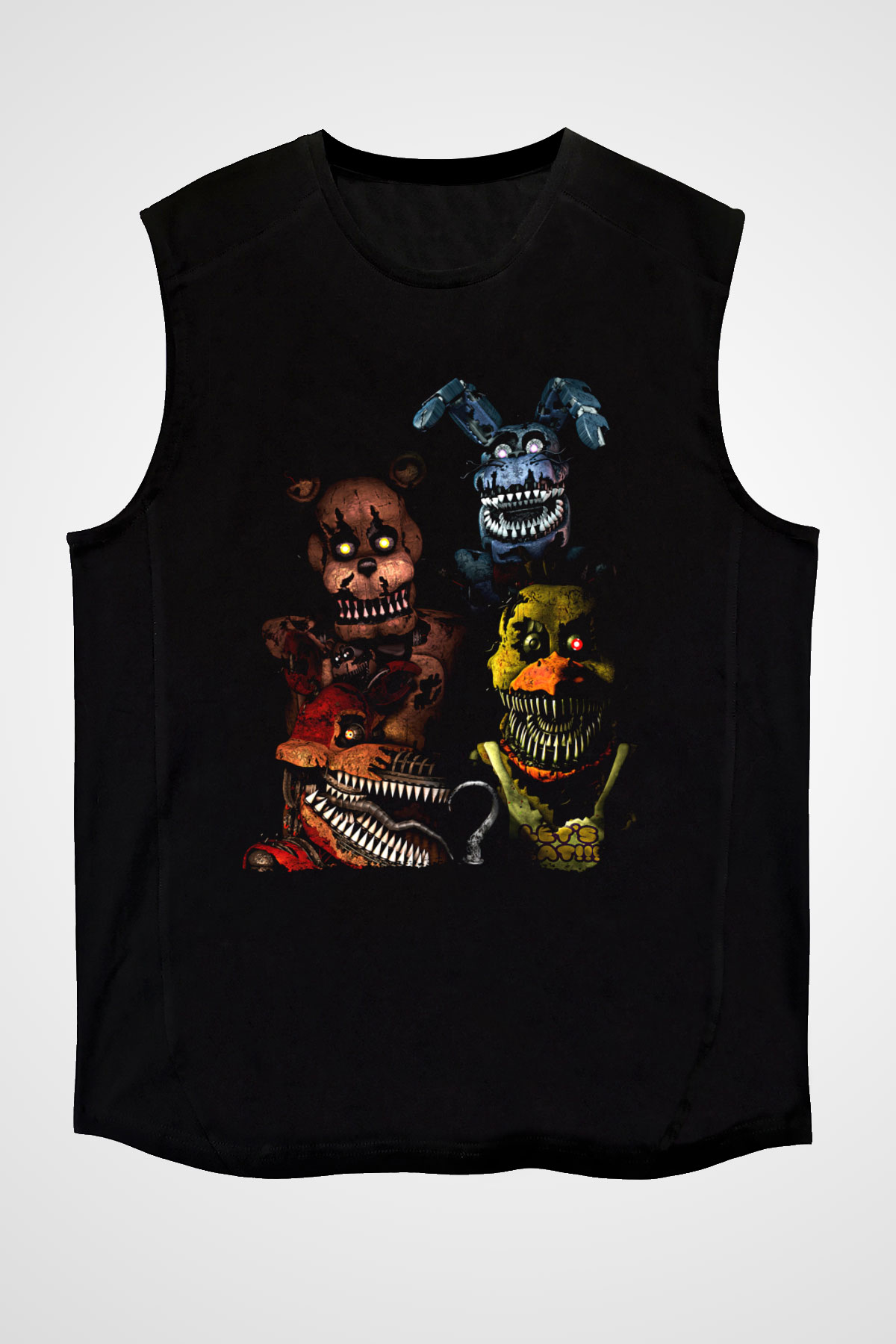 Five Nights At Freddy Baskılı Unisex Siyah Kolsuz Tişört - Tshirt