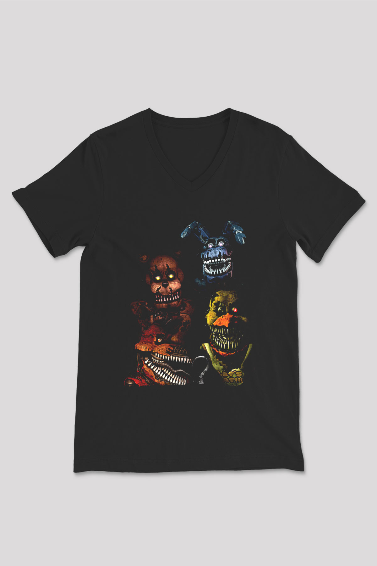 Five Nights At Freddy Baskılı Unisex Siyah V Yaka Tişört - Tshirt