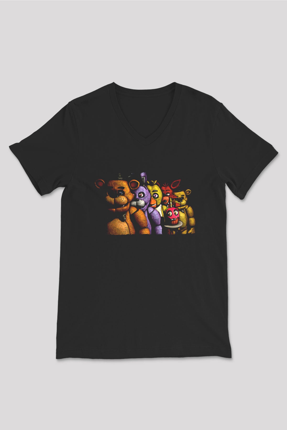 Five Nights At Freddy Baskılı Unisex Siyah V Yaka Tişört - Tshirt