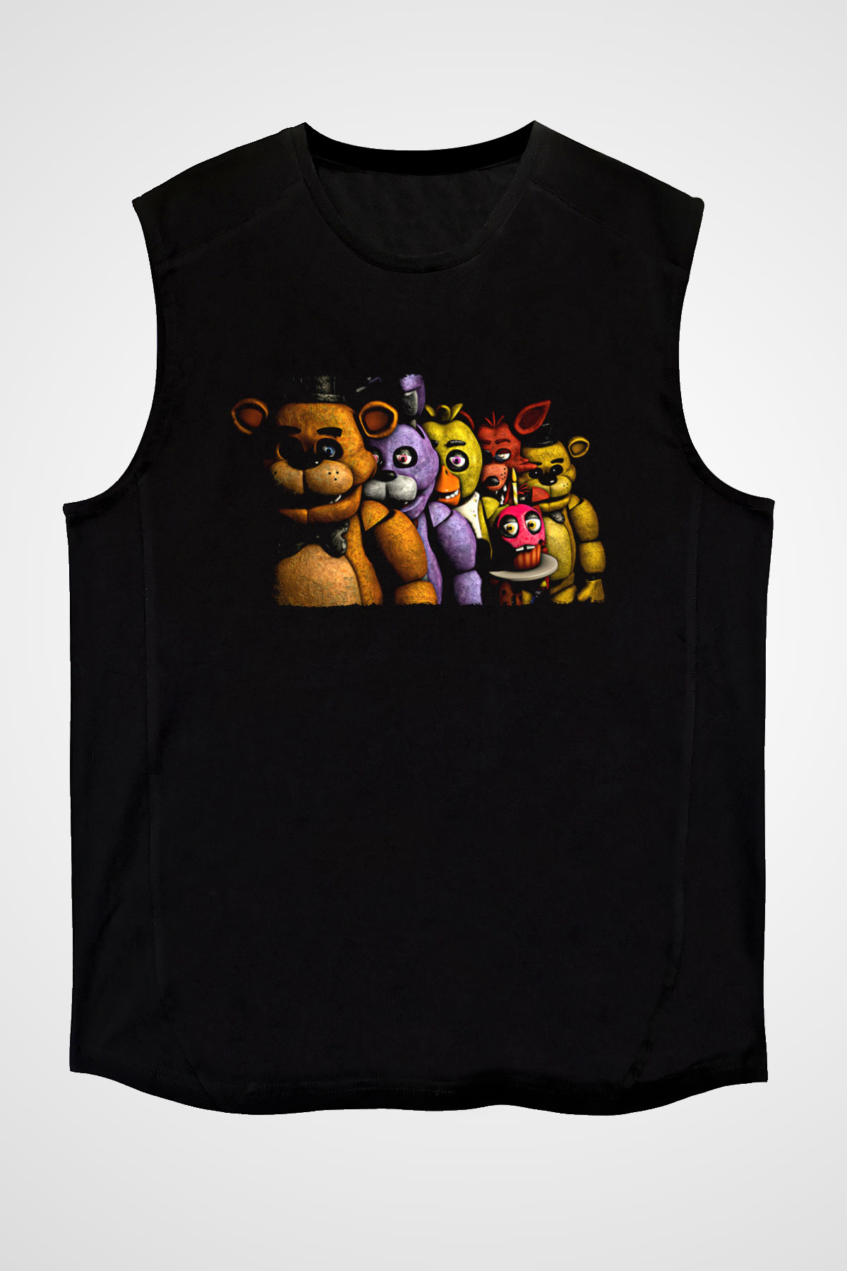 Five Nights At Freddy Baskılı Unisex Siyah Kolsuz Tişört - Tshirt