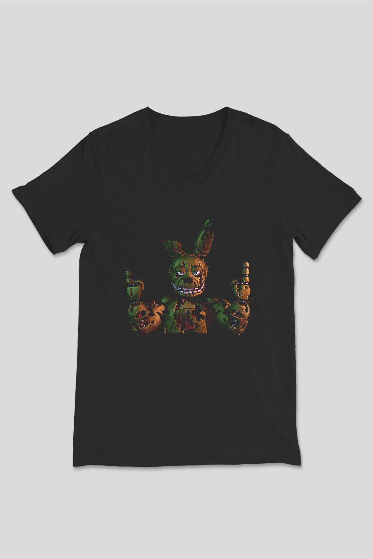 Five Nights At Freddy Baskılı Unisex Siyah V Yaka Tişört - Tshirt