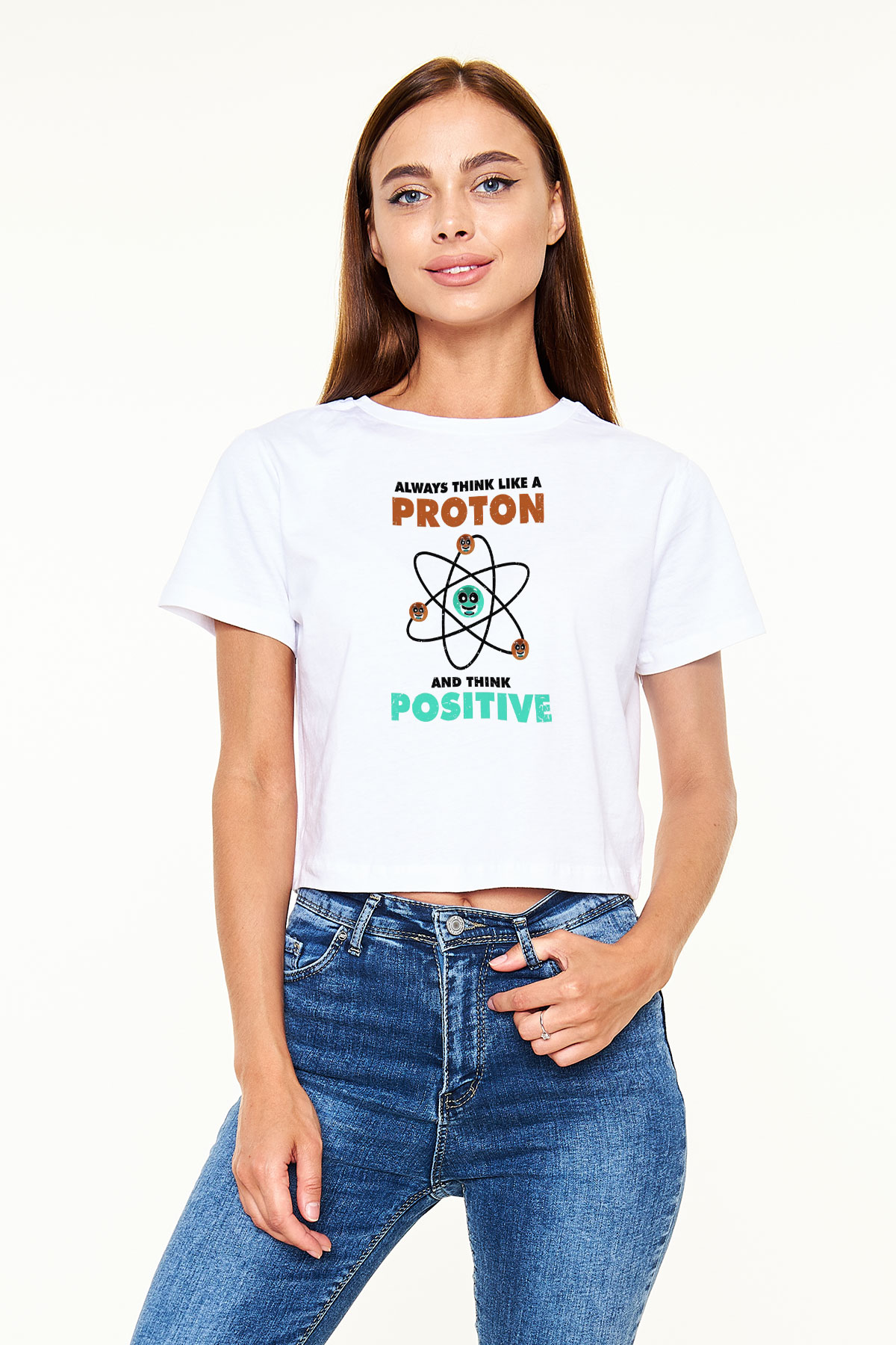 Fizik Atom Proton Pozitif Baskılı Kadın Crop Top Beyaz Tişört