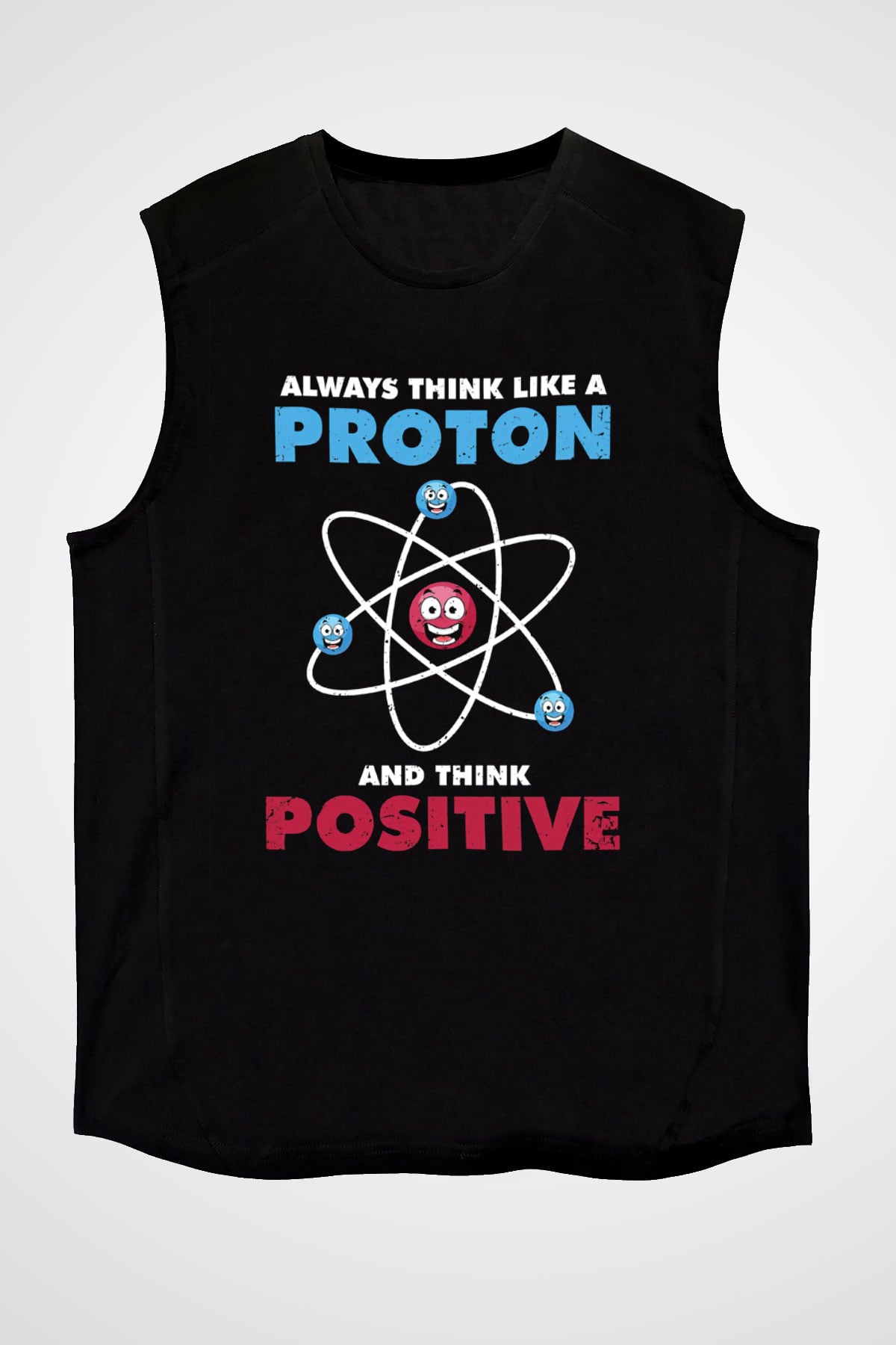 Fizik Atom Proton Pozitif Baskılı Unisex Kolsuz Siyah Tişört - Tshirt