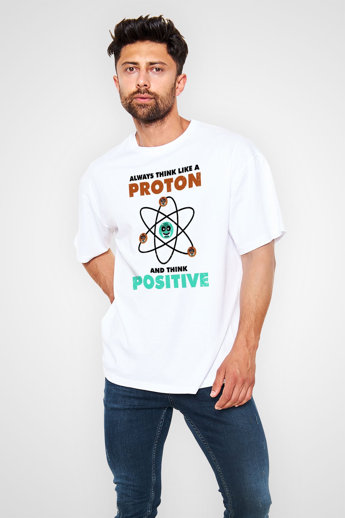 Fizik Atom Proton Pozitif Baskılı Unisex Oversize Beyaz Tişört - Tshirt