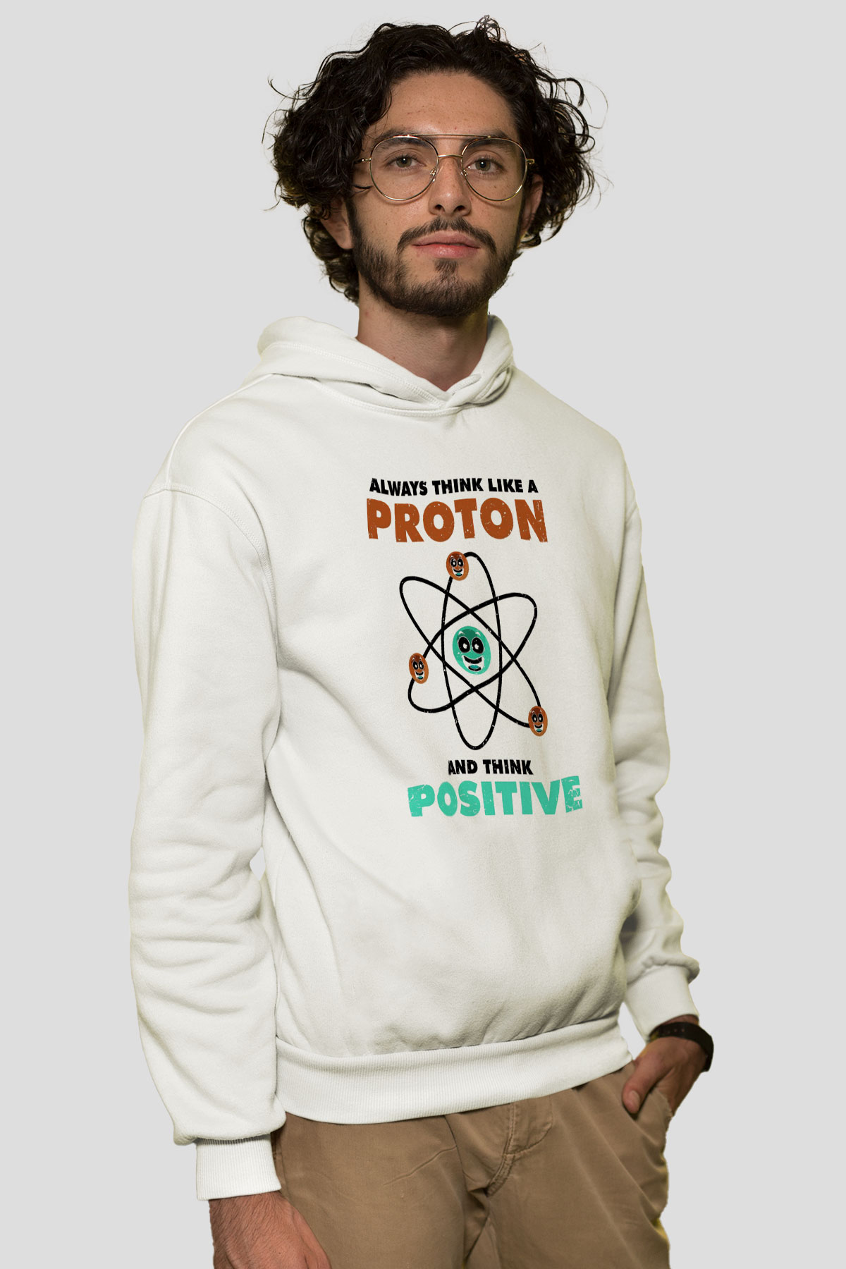 Fizik Atom Proton Pozitif Baskılı Unisex Ekru Hoodie