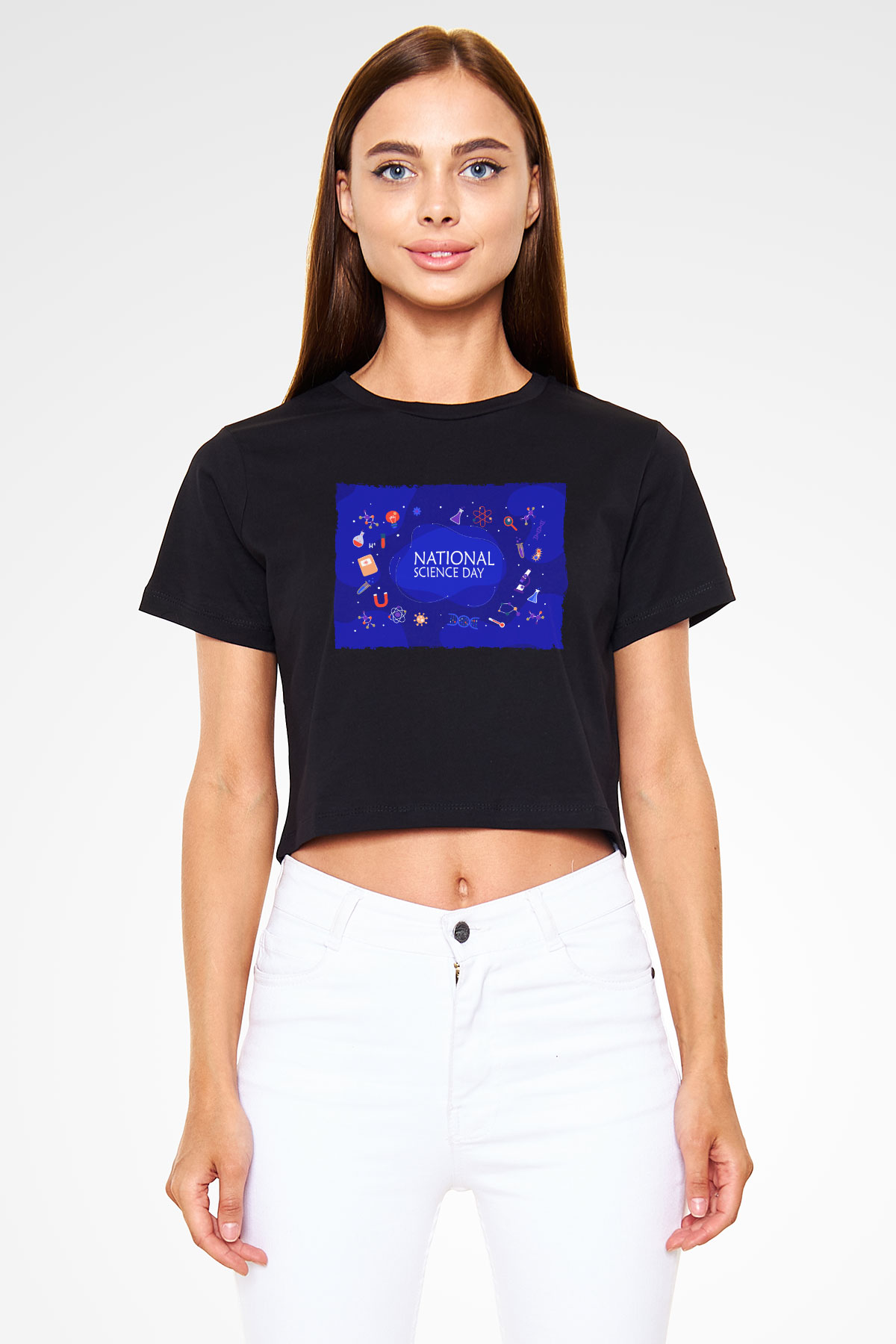 Fizik Kimya Biyoloji Sembolleri Ve Bilim Günü Baskılı Siyah Kadın Crop Top Tişört