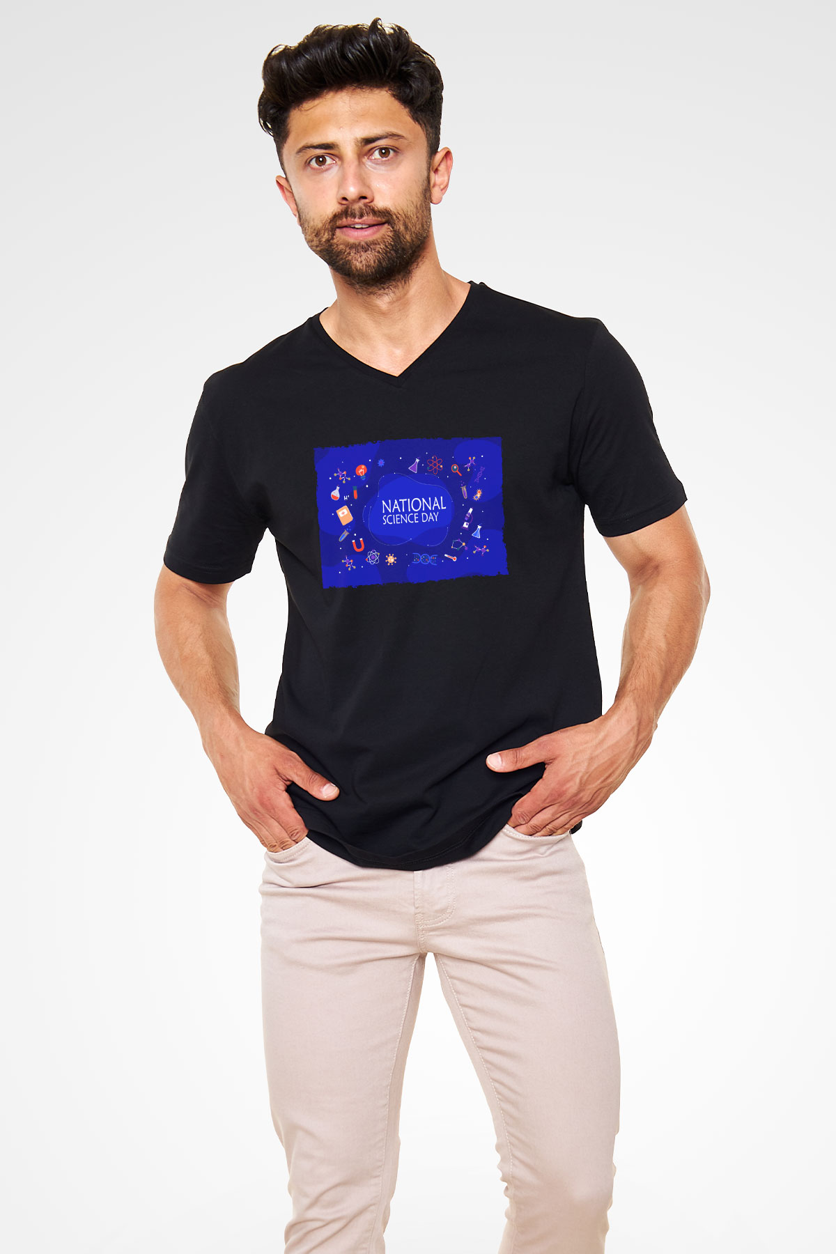 Fizik Kimya Biyoloji Sembolleri Ve Bilim Günü Baskılı Unisex Siyah V Yaka Tişört