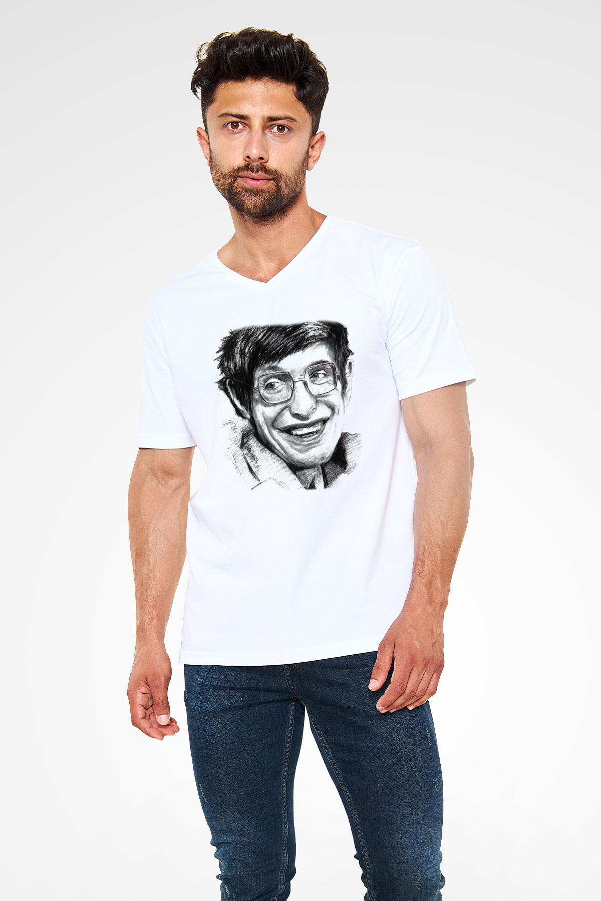 Fizikçi Beyaz Unisex V Yaka Tişört T-Shirt