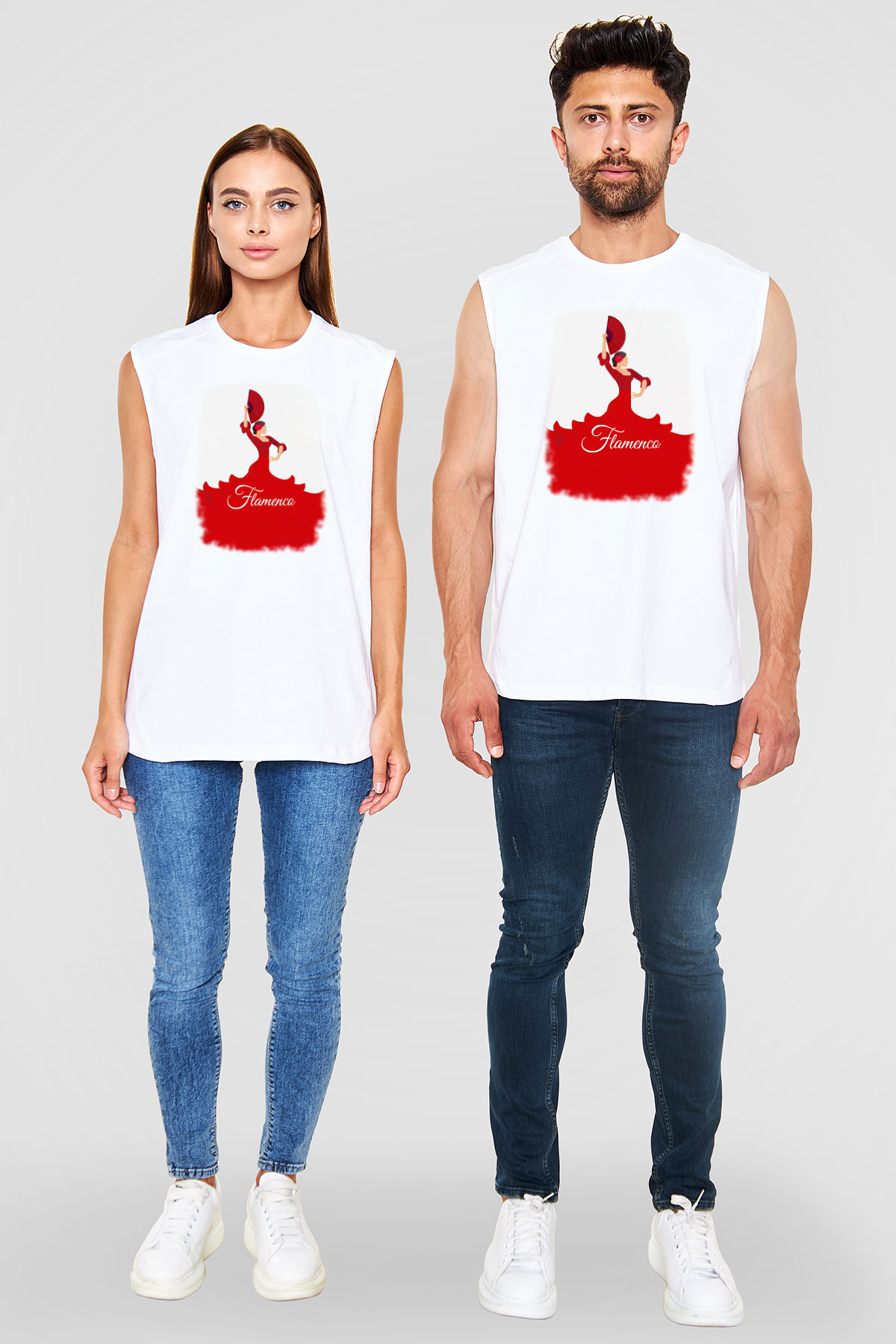 Flamenko Beyaz Unisex Kolsuz Tişört