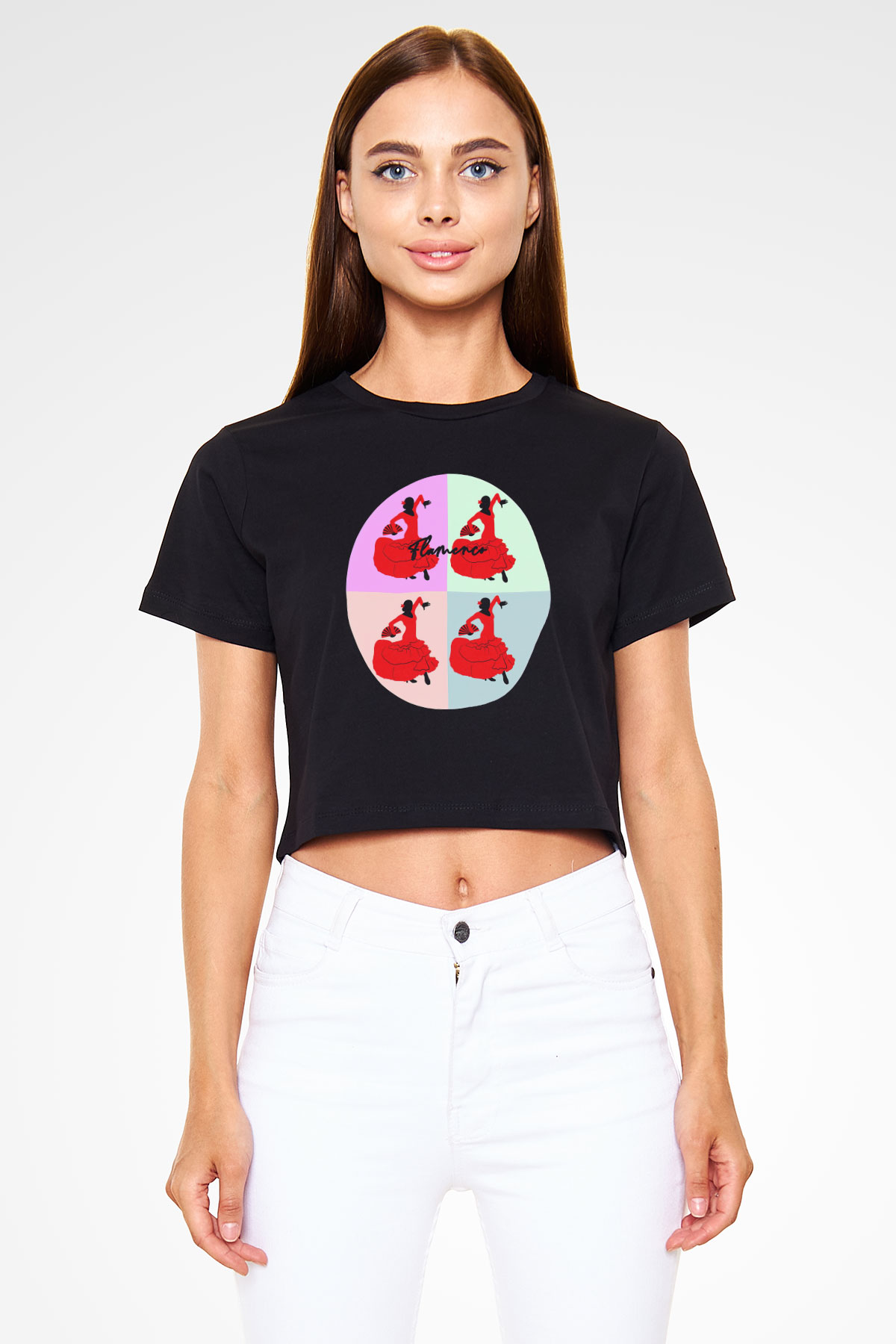 Flamenko Siyah  Crop Top Tişört