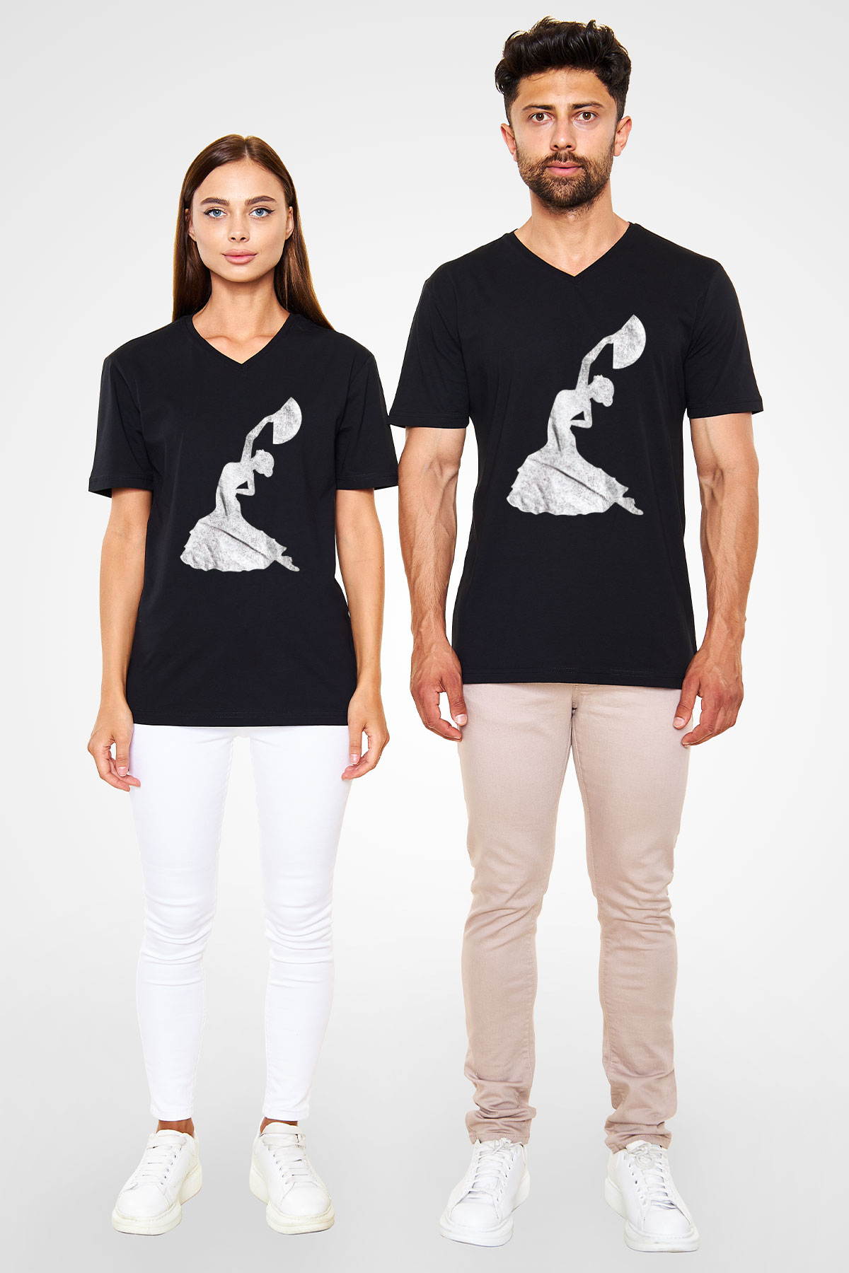 Flamenko Siyah Unisex V Yaka Tişört