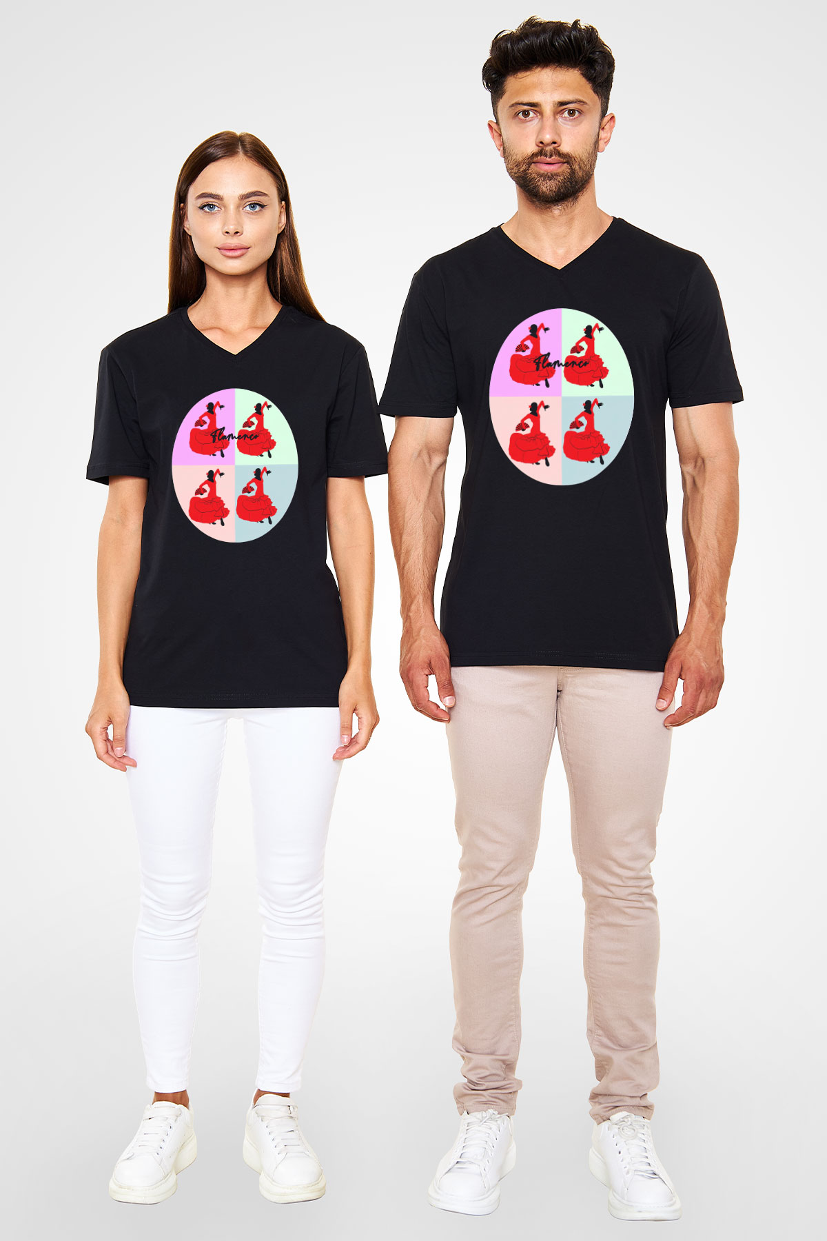 Flamenko Siyah Unisex V Yaka Tişört