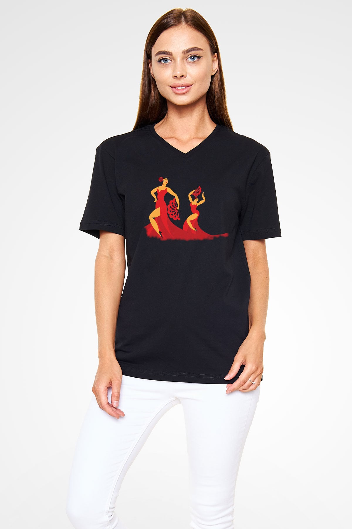 Flamenko Siyah Unisex V Yaka Tişört