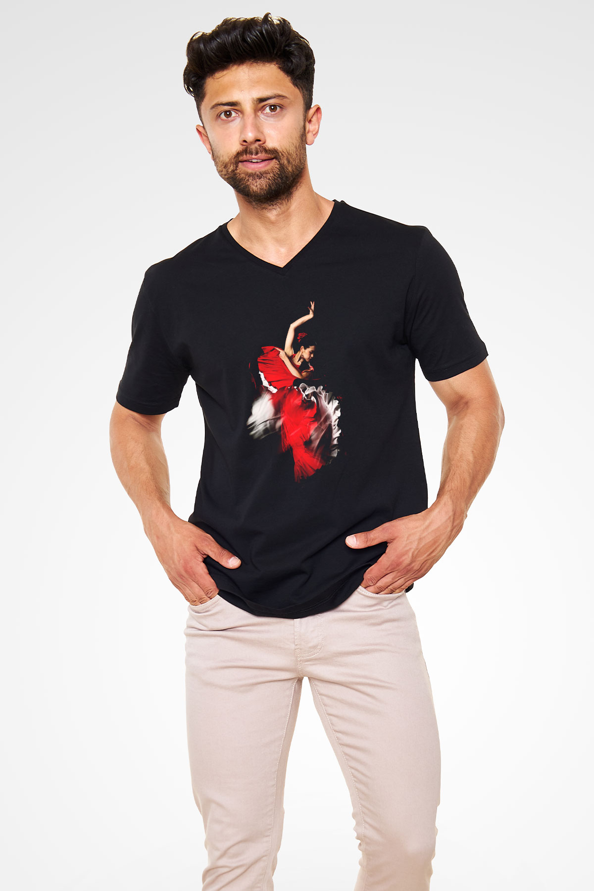 Flamenko Siyah Unisex V Yaka Tişört T-Shirt
