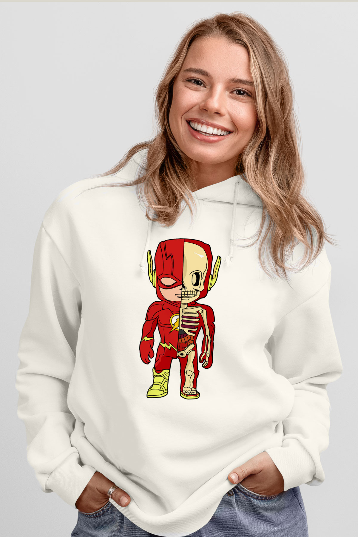 Flash Skeleton Baskılı Unisex Beyaz Hoodie