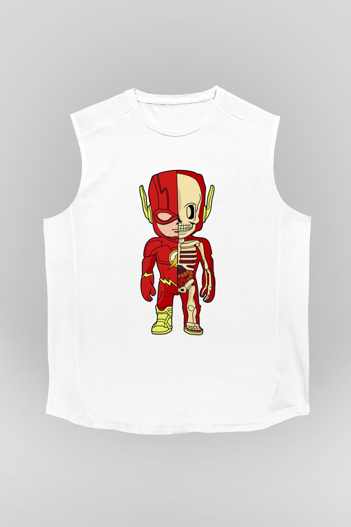 Flash Skeleton Baskılı Unisex Beyaz Kolsuz Tişört