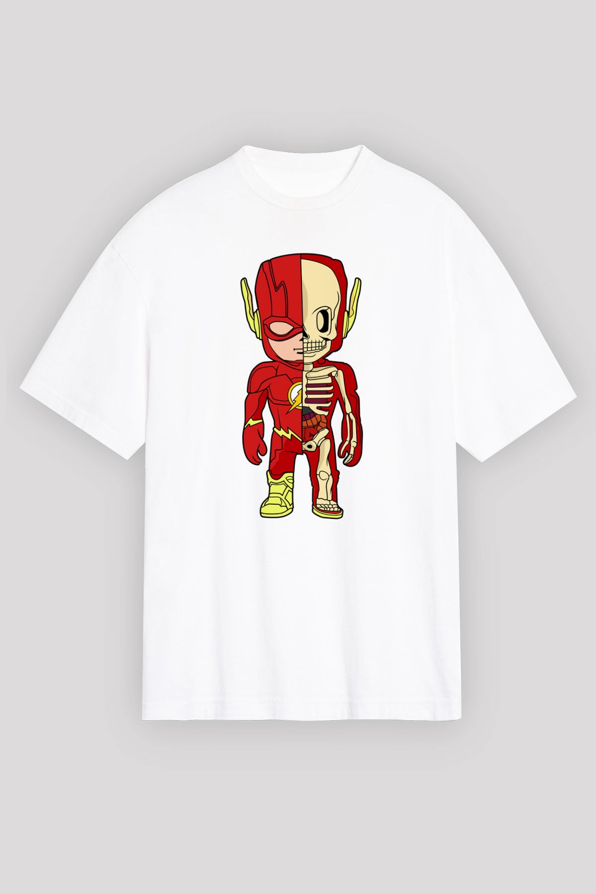 Flash Skeleton Baskılı Unisex Beyaz Oversize Tişört