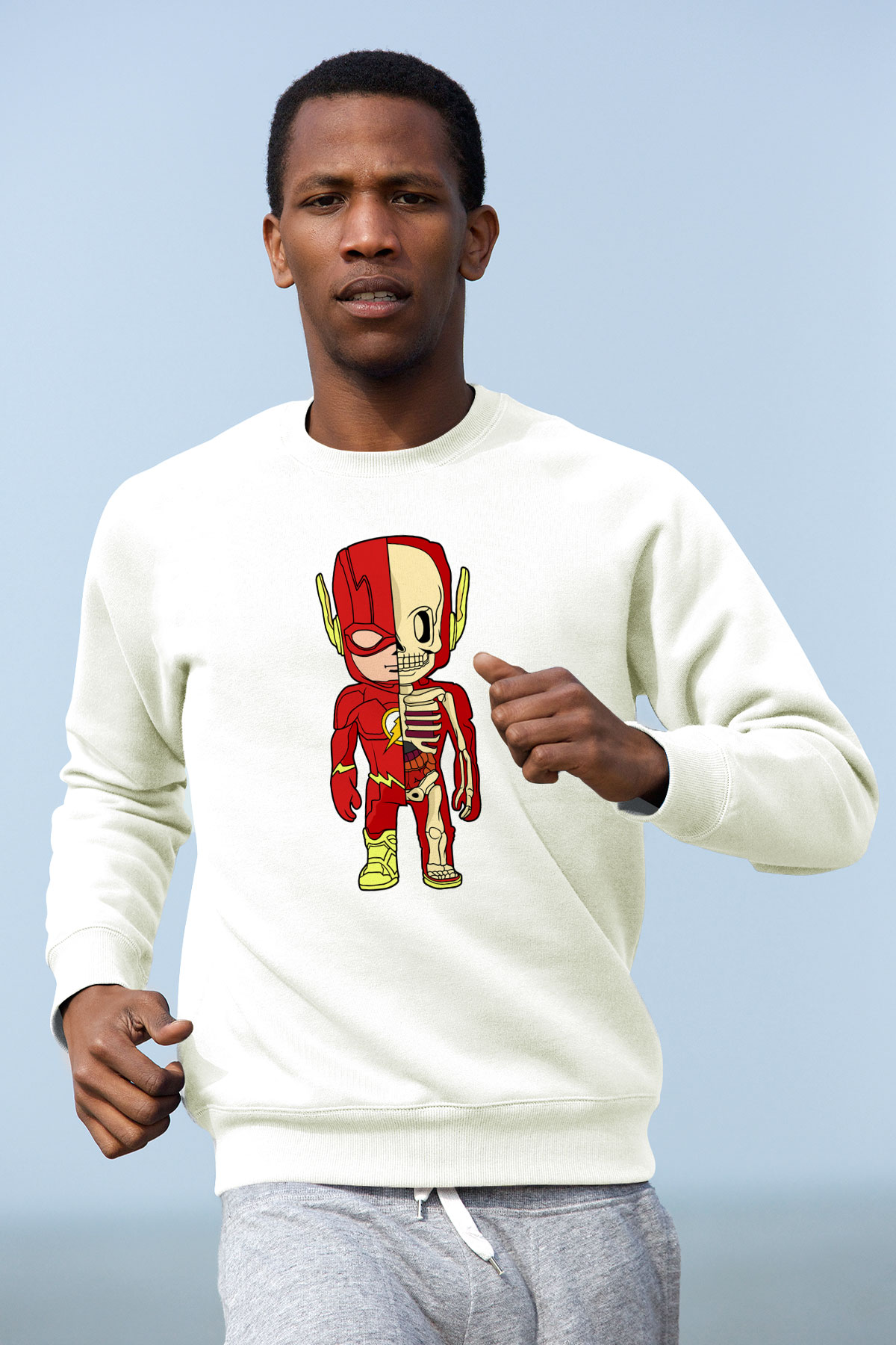 Flash Skeleton Baskılı Unisex Beyaz Sweatshirt