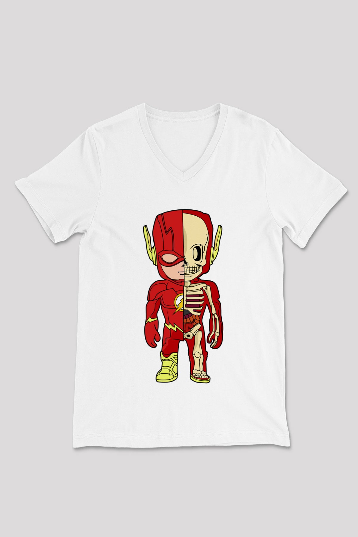 Flash Skeleton Baskılı Unisex Beyaz V Yaka Tişört