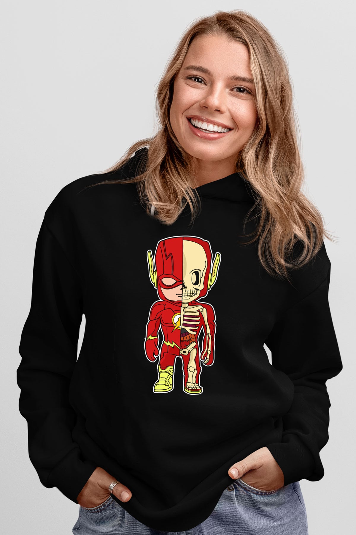 Flash Skeleton Baskılı Unisex Siyah Hoodie
