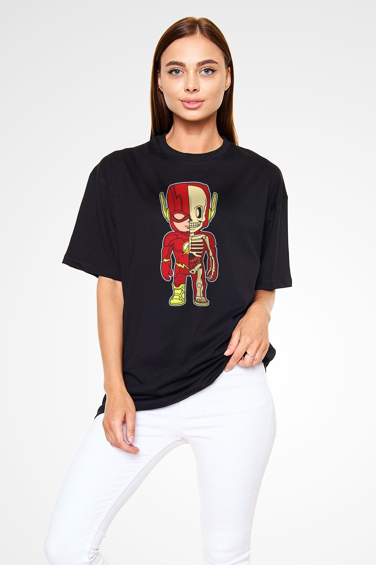 Flash Skeleton Baskılı Unisex Siyah Oversize Tişört