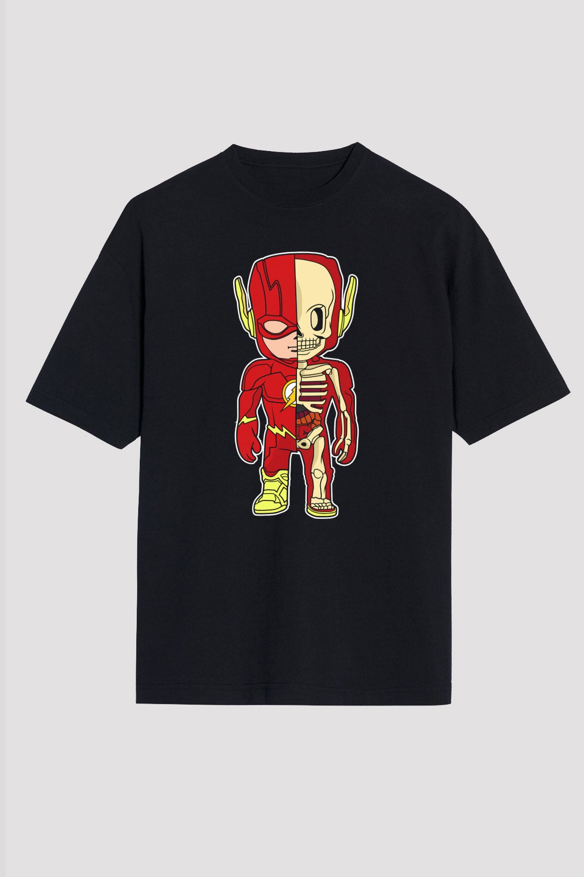 Flash Skeleton Baskılı Unisex Siyah Oversize Tişört