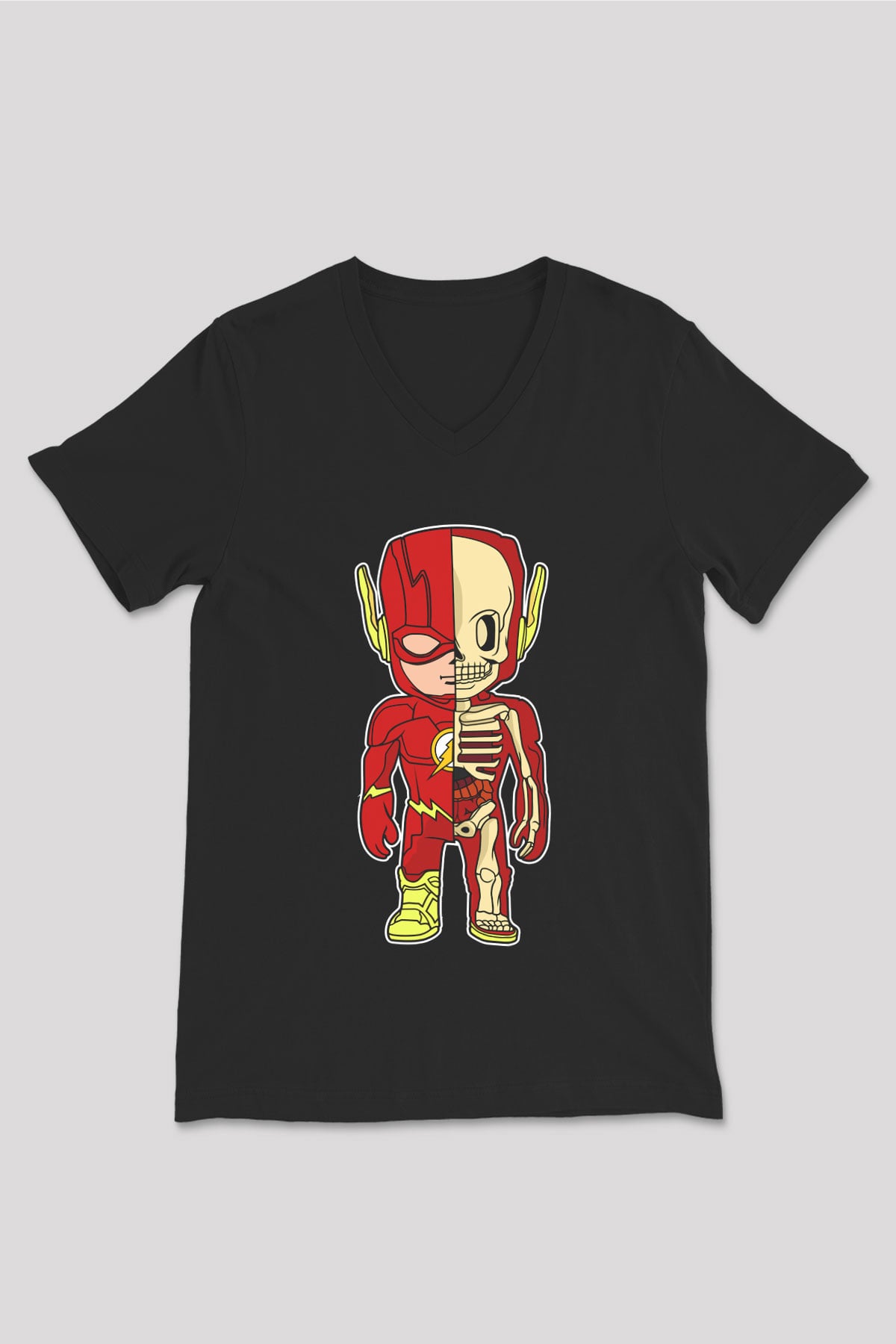 Flash Skeleton Baskılı Unisex Siyah V Yaka Tişört