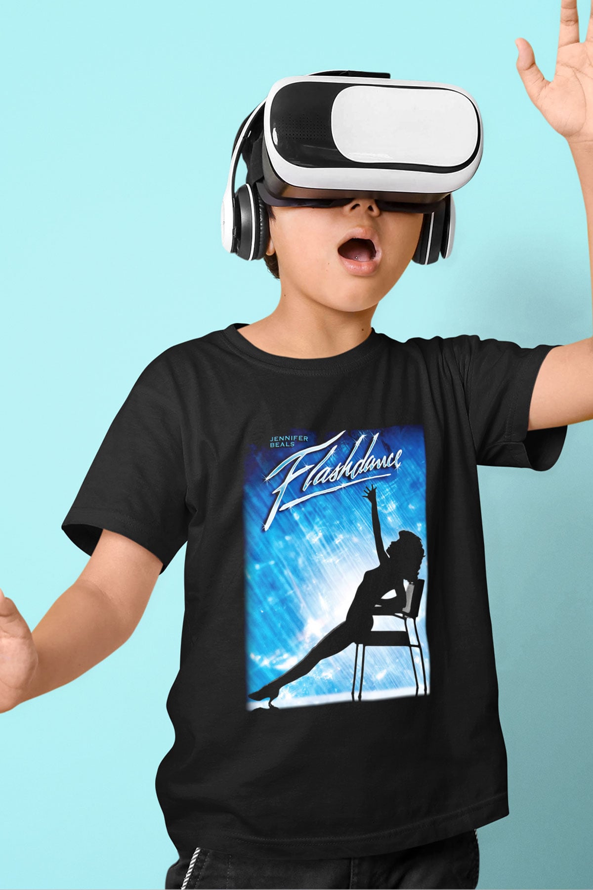 Flashdance Baskılı Siyah Unisex Çocuk Tişört