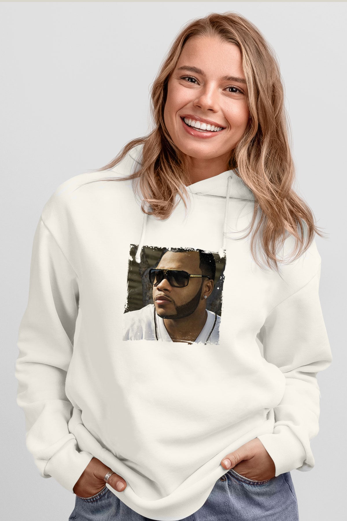 Flo Rida Baskılı Unisex Beyaz Kapüşonlu Sweatshirt