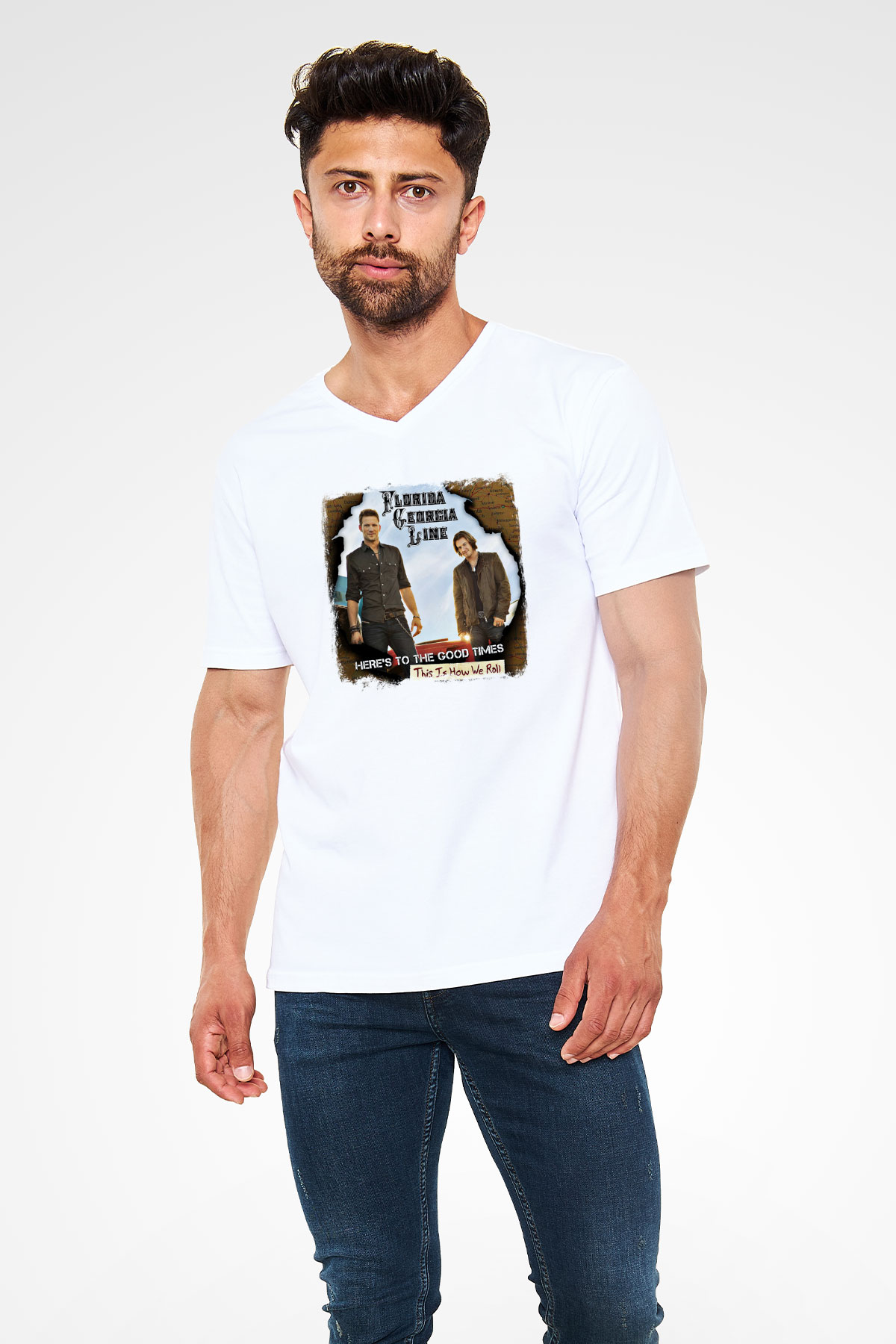 Florida Georgia Line Baskılı Unisex Beyaz V Yaka Tişört