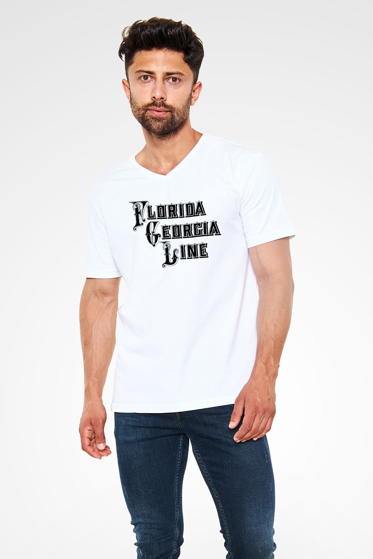Florida Georgia Line Beyaz Unisex V Yaka Tişört
