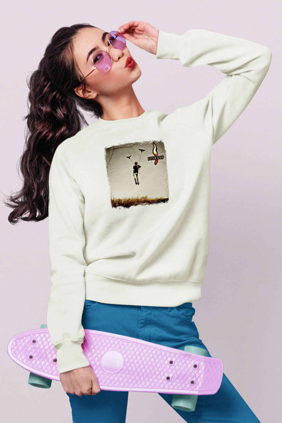 Flyleaf Baskılı Unisex Beyaz Sweatshirt