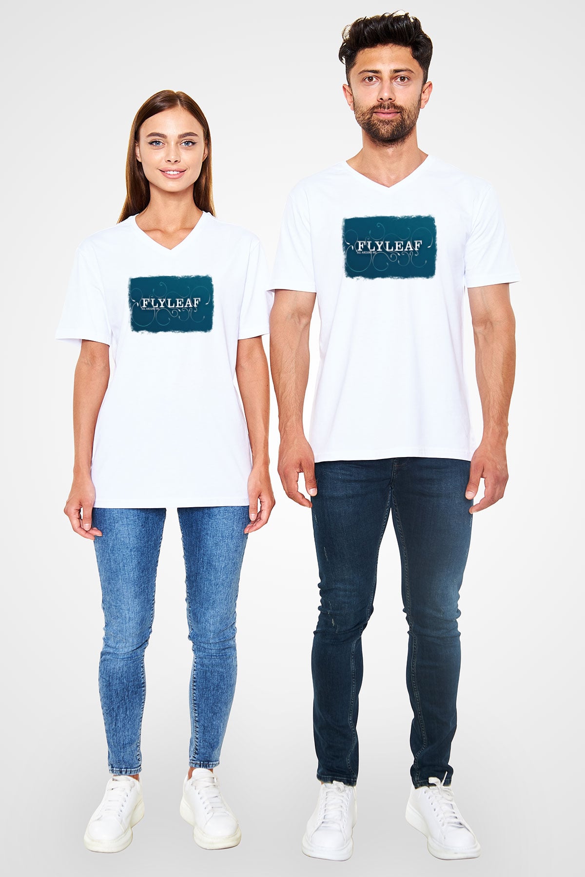 Flyleaf Baskılı Unisex Beyaz V Yaka Tişört