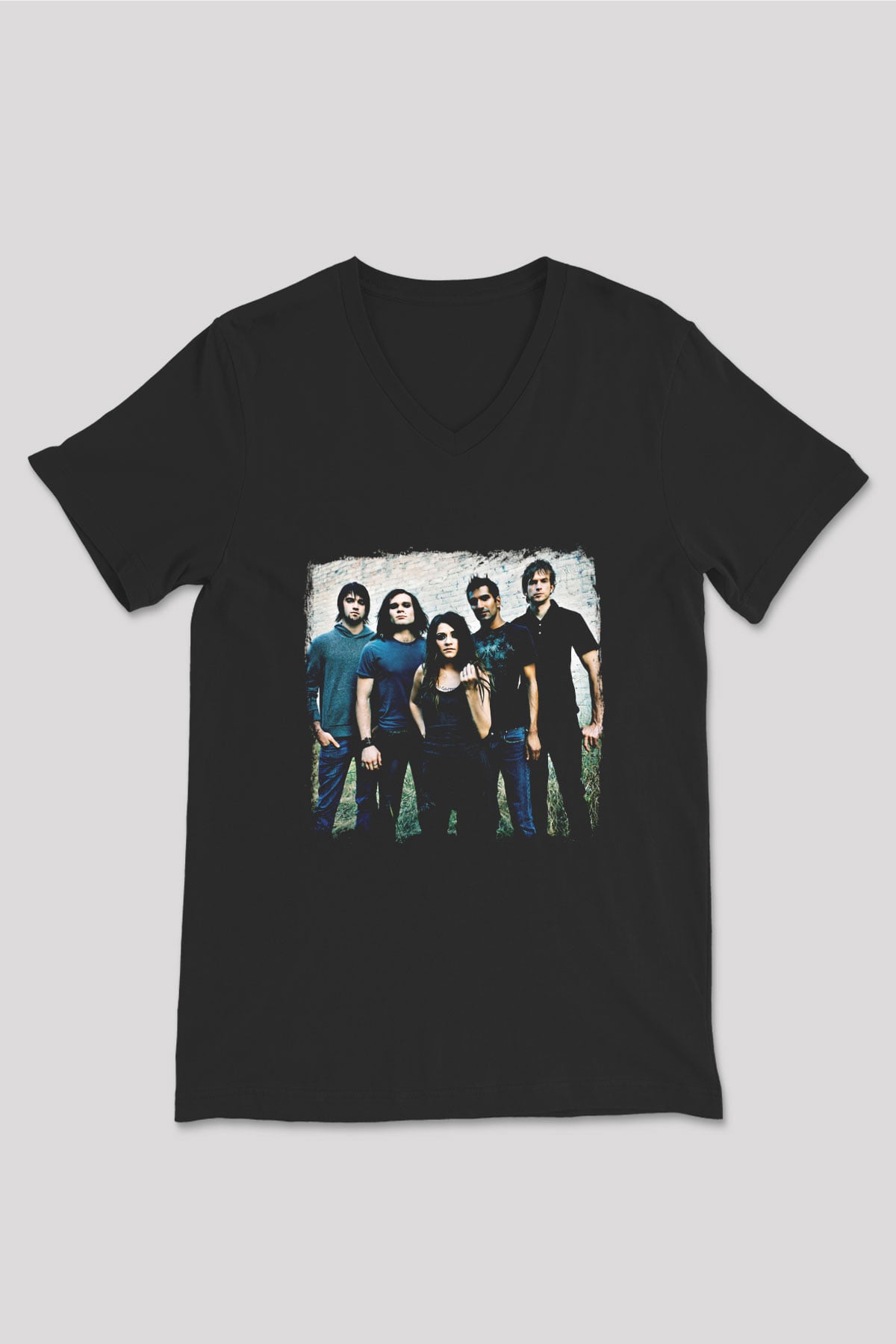 Flyleaf Baskılı Unisex Siyah V Yaka Tişört