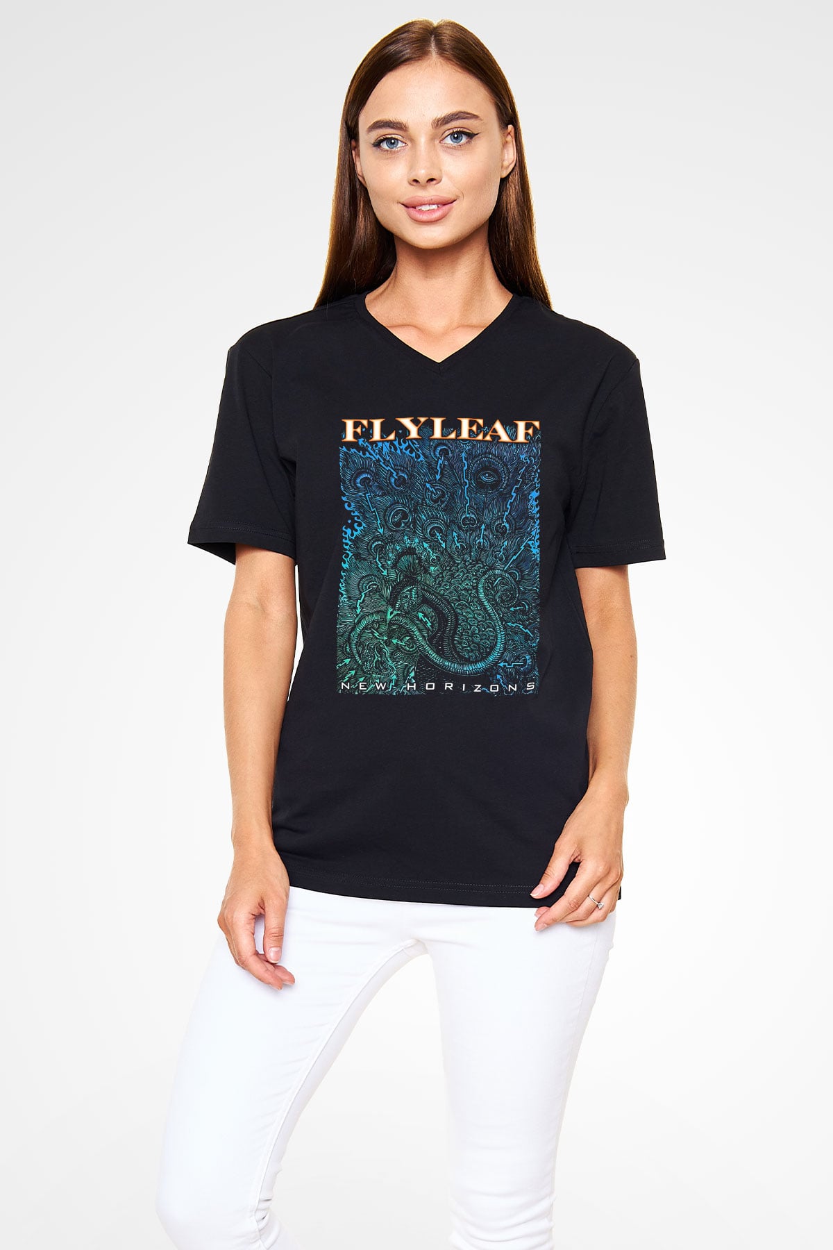 Flyleaf Siyah Unisex V Yaka Tişört T-Shirt