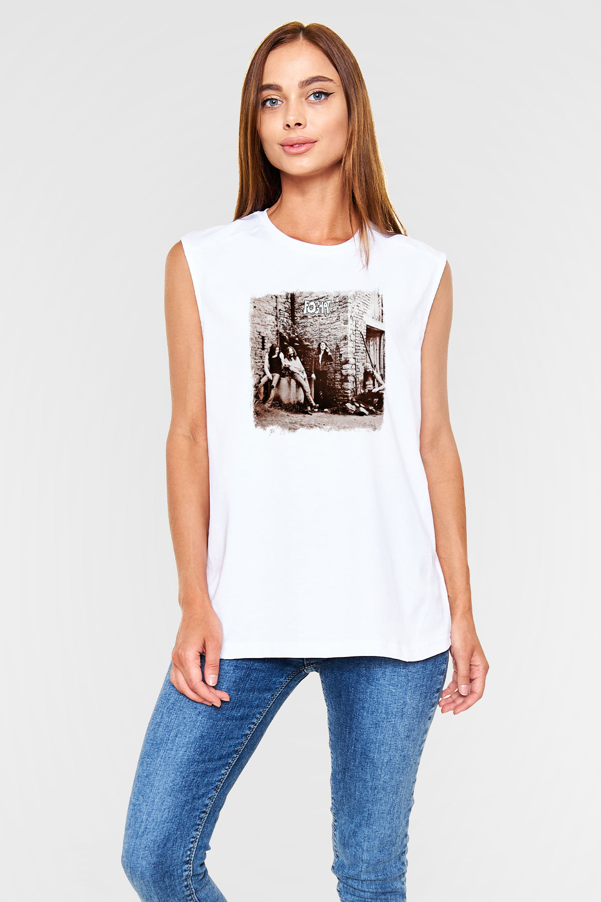 Foghat Baskılı Unisex Beyaz Kolsuz Tişört