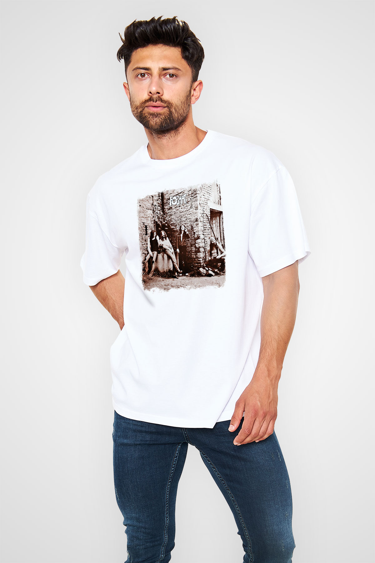 Foghat Baskılı Unisex Beyaz Oversize Tişört