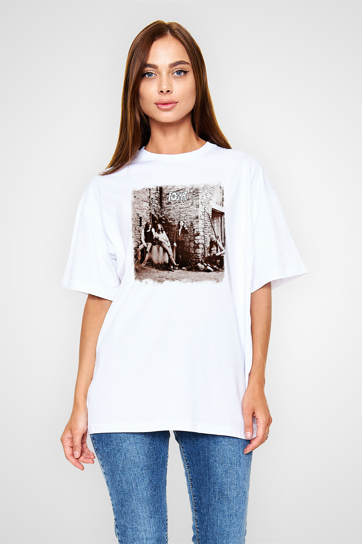 Foghat Baskılı Unisex Beyaz Oversize Tişört