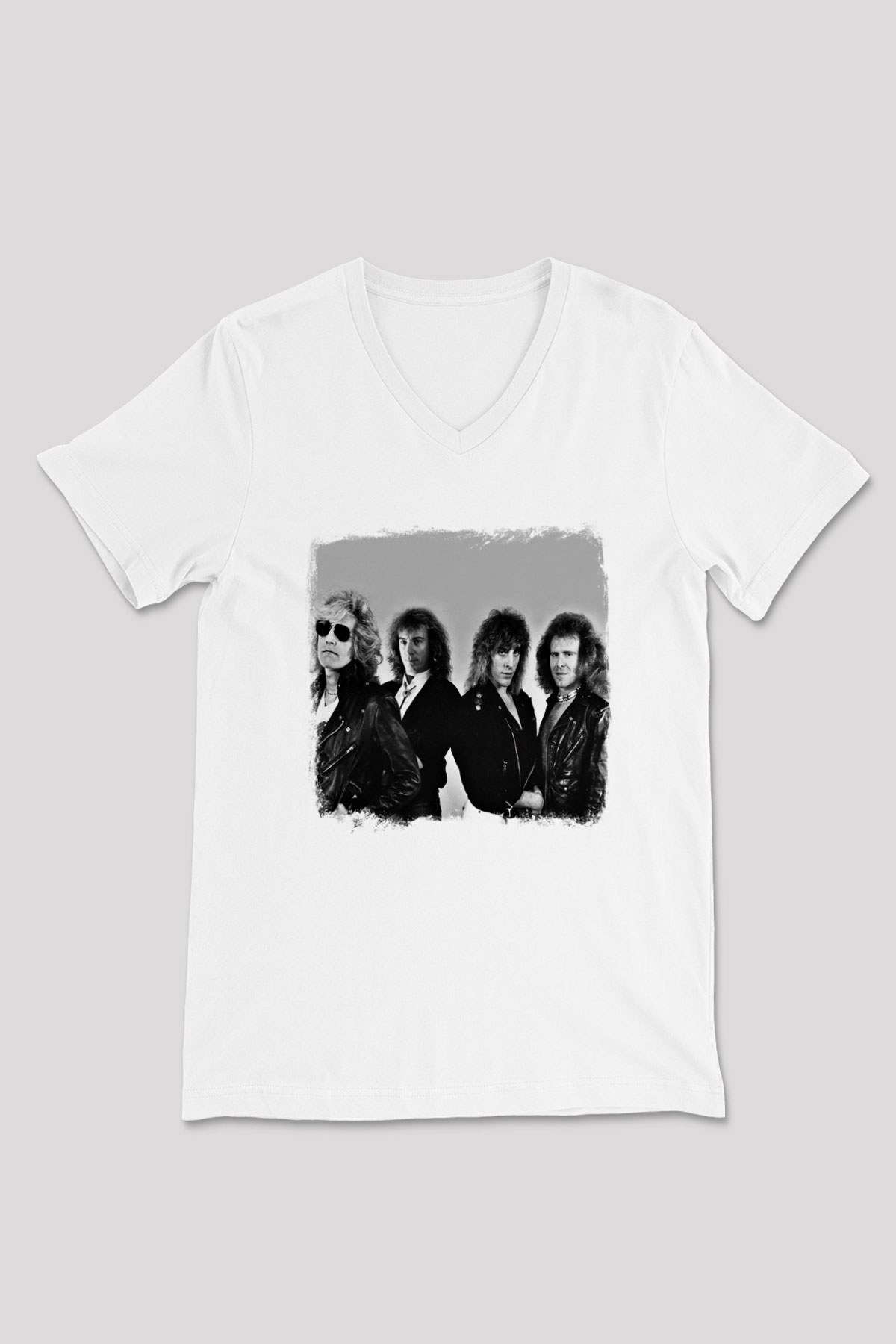 Foghat Baskılı Unisex Beyaz V Yaka Tişört