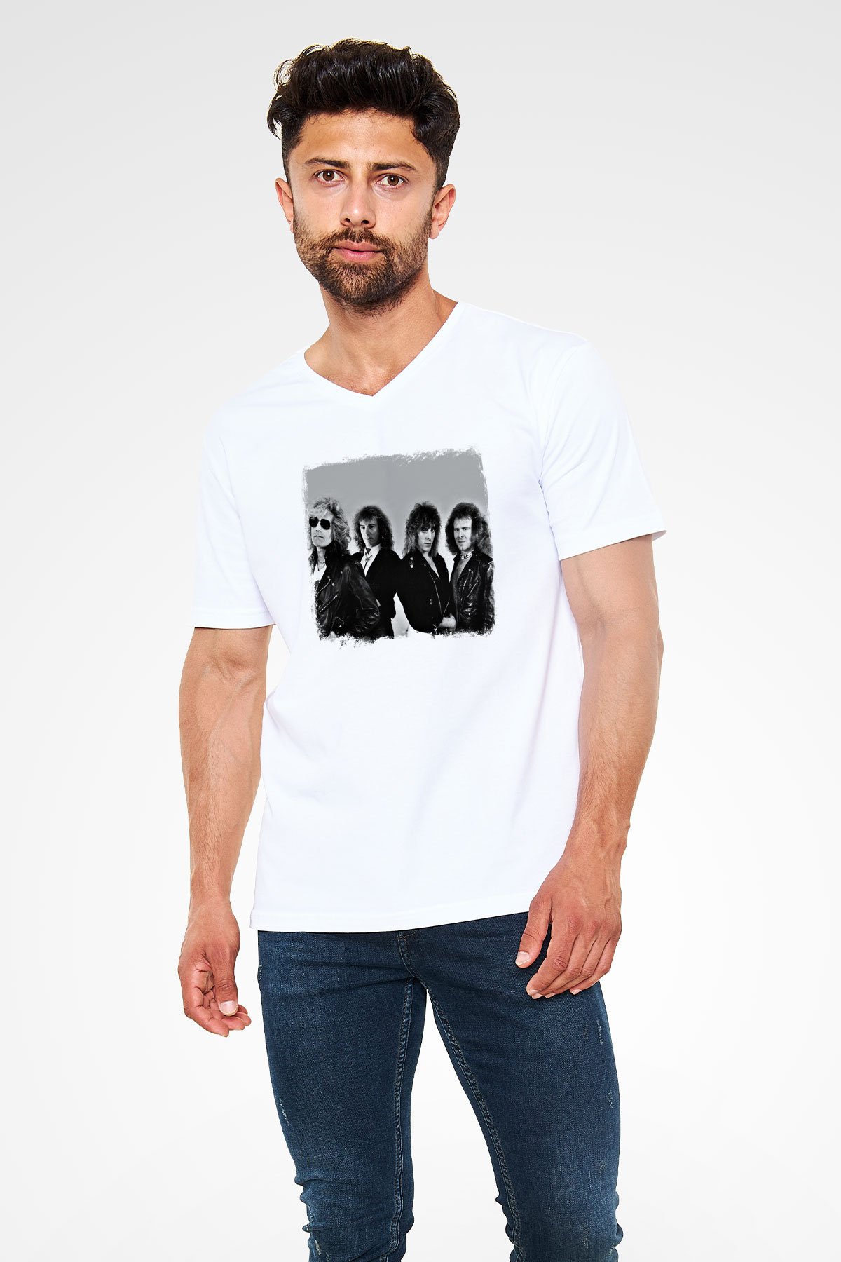 Foghat Baskılı Unisex Beyaz V Yaka Tişört