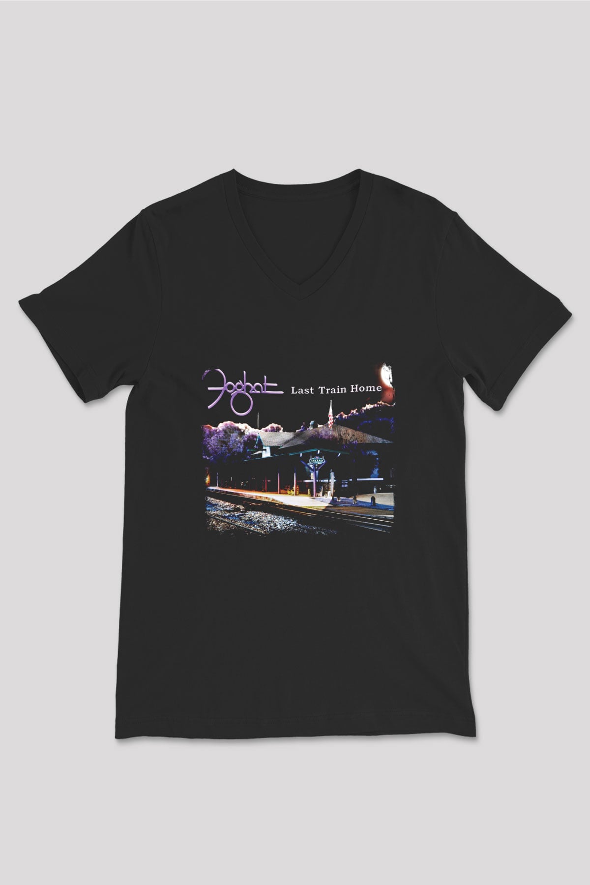 Foghat Baskılı Unisex Siyah V Yaka Tişört