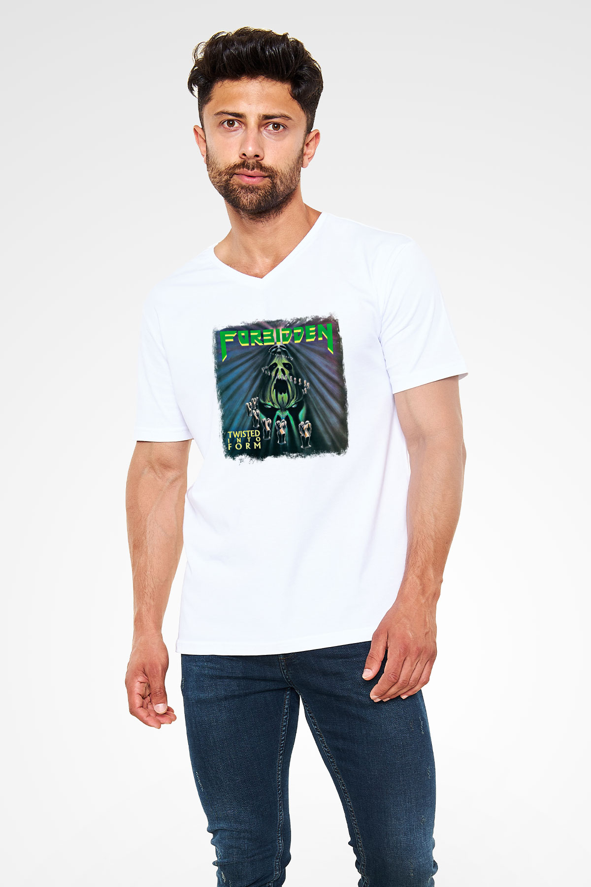Forbidden Baskılı Unisex Beyaz V Yaka Tişört